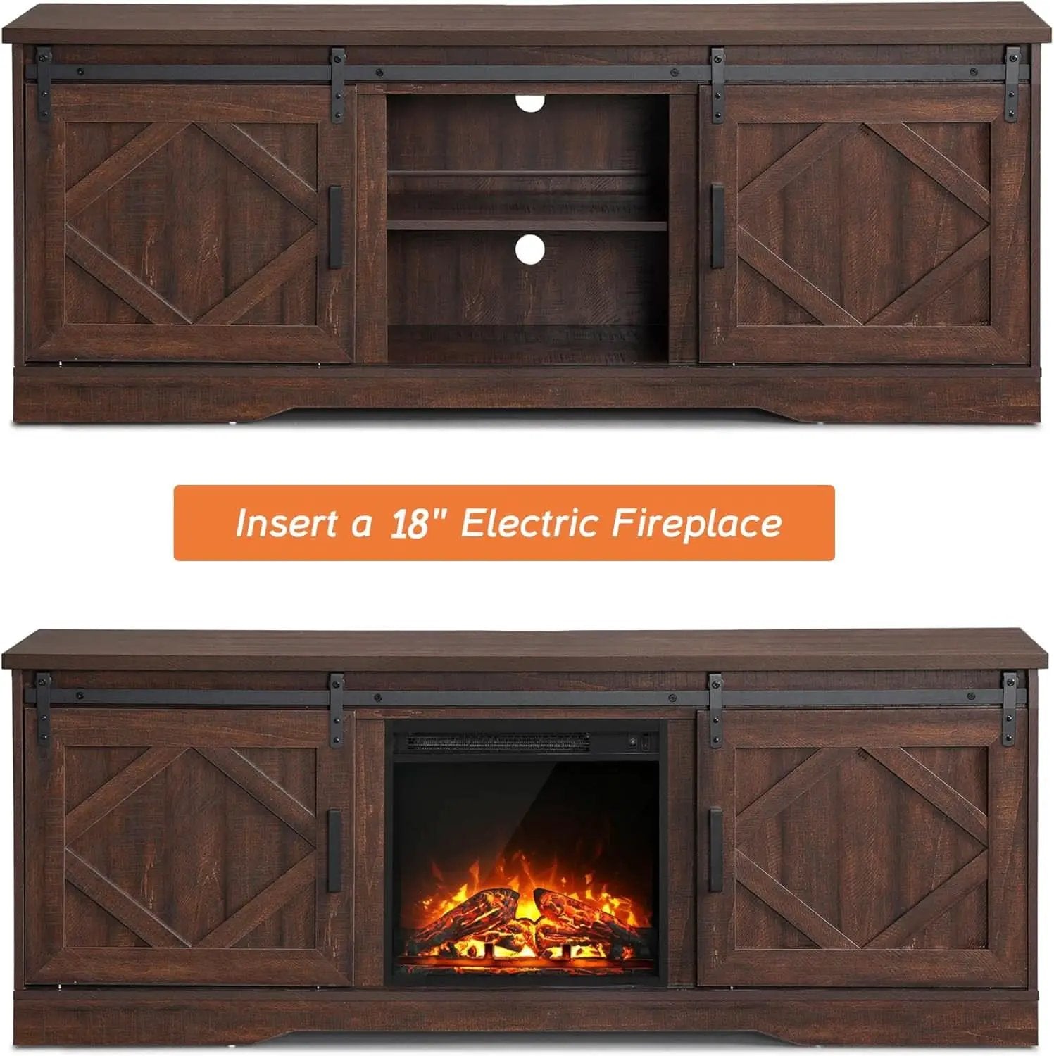 75 Inch Rustic Brown Barn Door TV Stand With Storage from PriceLows™