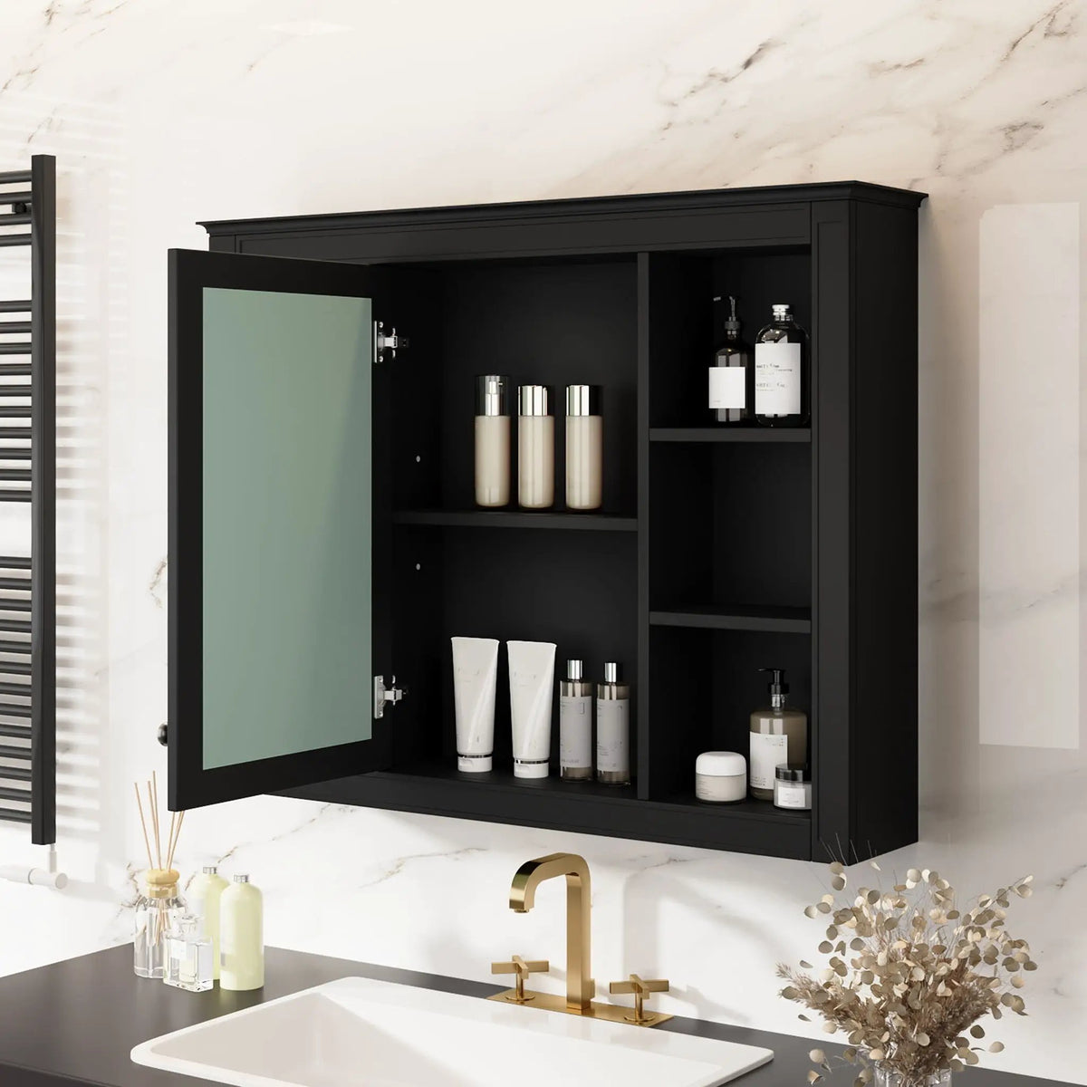 Wall Mounted Medicine Cabinet | Adjustable Interior | 6 Open Shelves