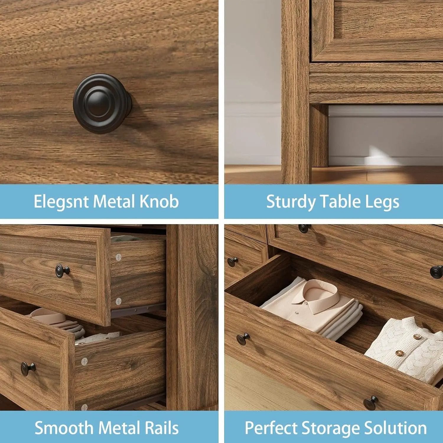55 Inch Walnut Dresser With Six Drawers For Bedroom from PriceLows™
