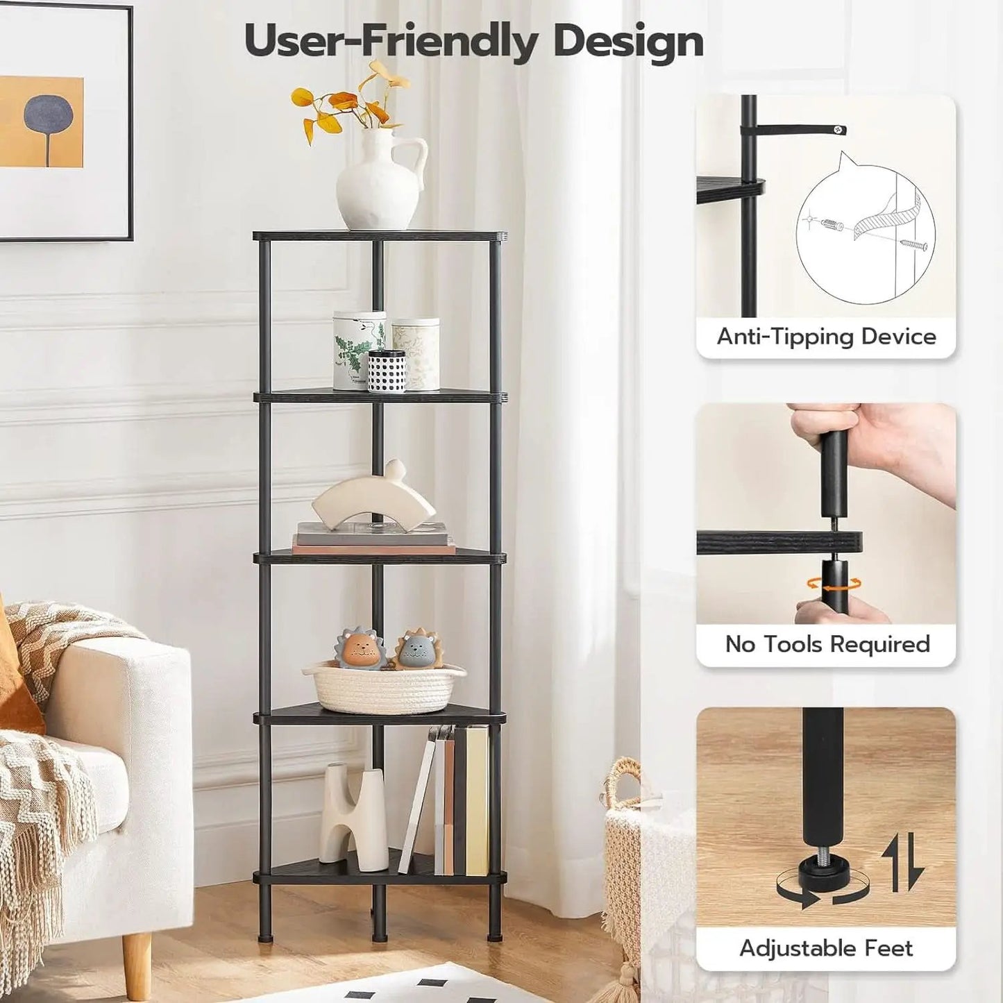 Industrial 5 Tier Corner Shelf Stand Black Metal Frame from PriceLows™