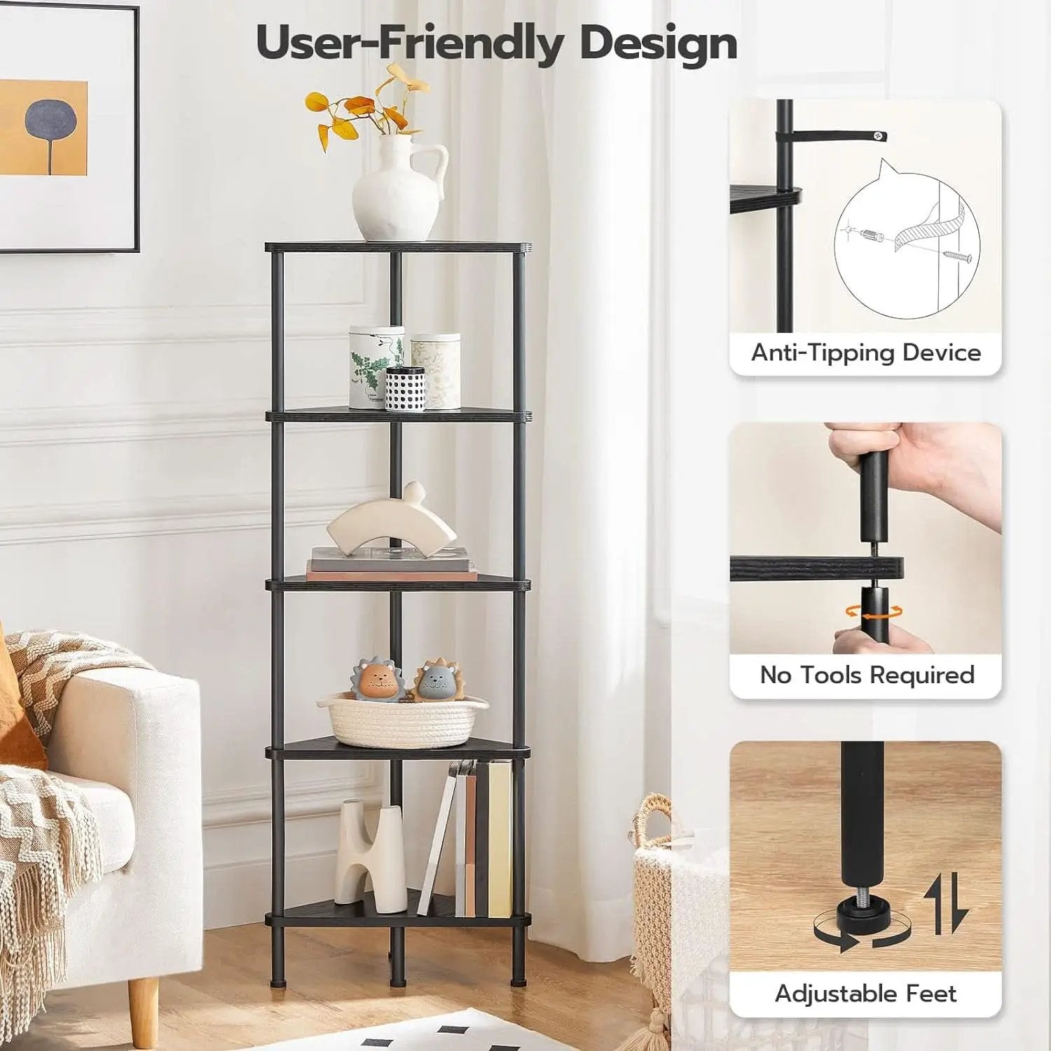 Industrial 5 Tier Corner Shelf Stand Black Metal Frame from PriceLows™