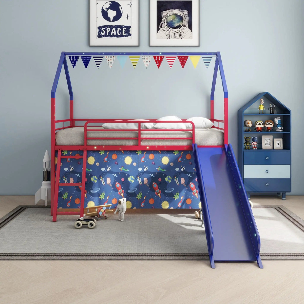 Jack House Loft Bed With Slide And Curtain Set | 5 Pieces | Metal | Bedroom