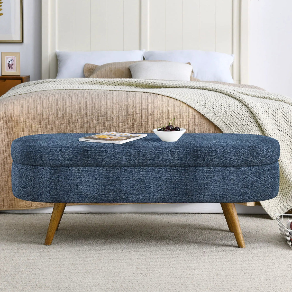 Oval Storage Ottoman Bench | Rubber Wood Legs | Pleated Dark Fabric | Footstool Or Extra Seating