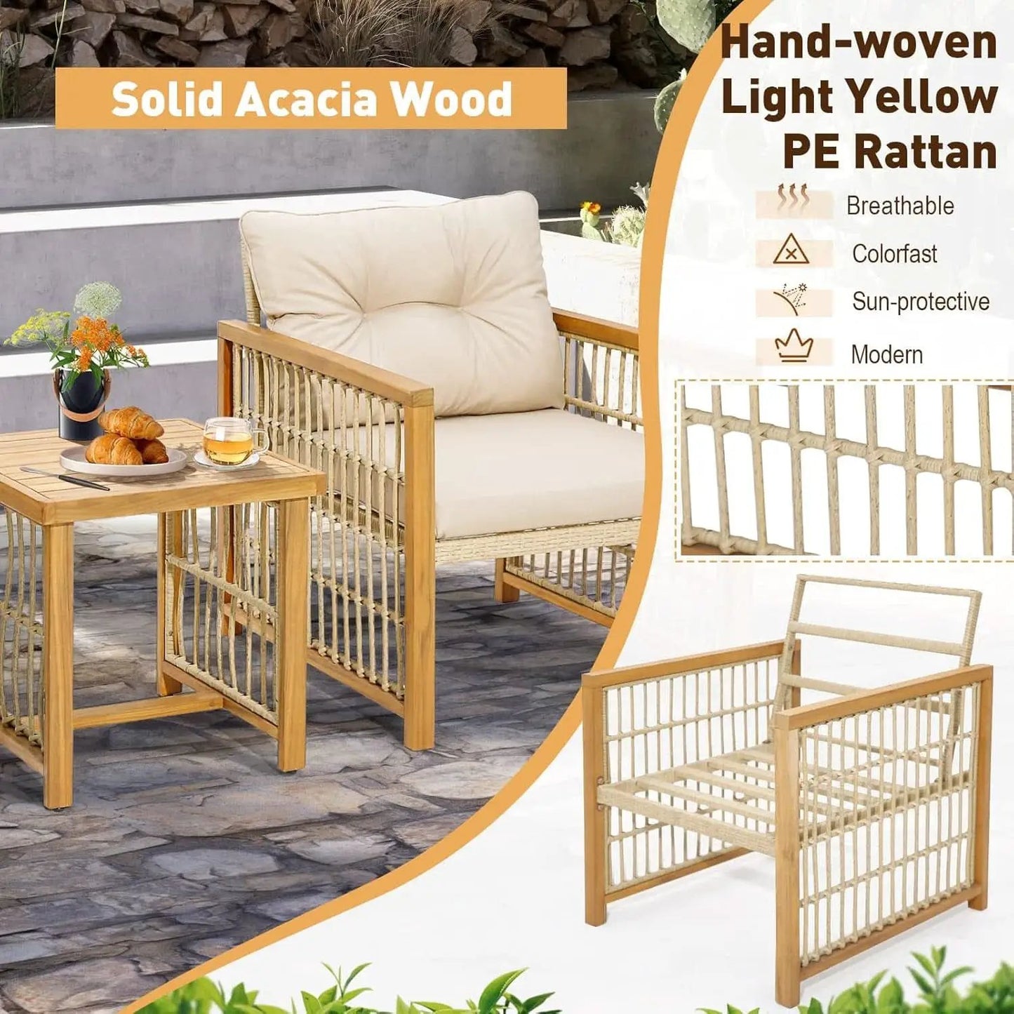 3 Piece Acacia Wood Patio Furniture Set With Beige PE Wicker Cushioned Chairs And Coffee Table from PriceLows™