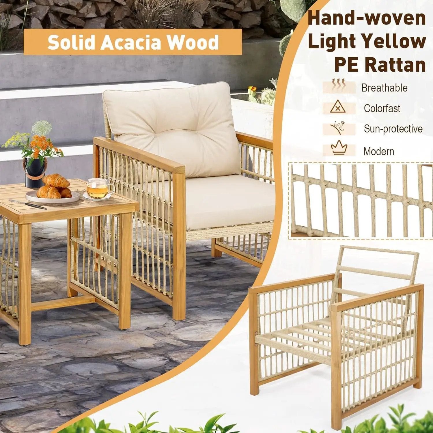 3 Piece Acacia Wood Patio Furniture Set With Beige PE Wicker Cushioned Chairs And Coffee Table from PriceLows™