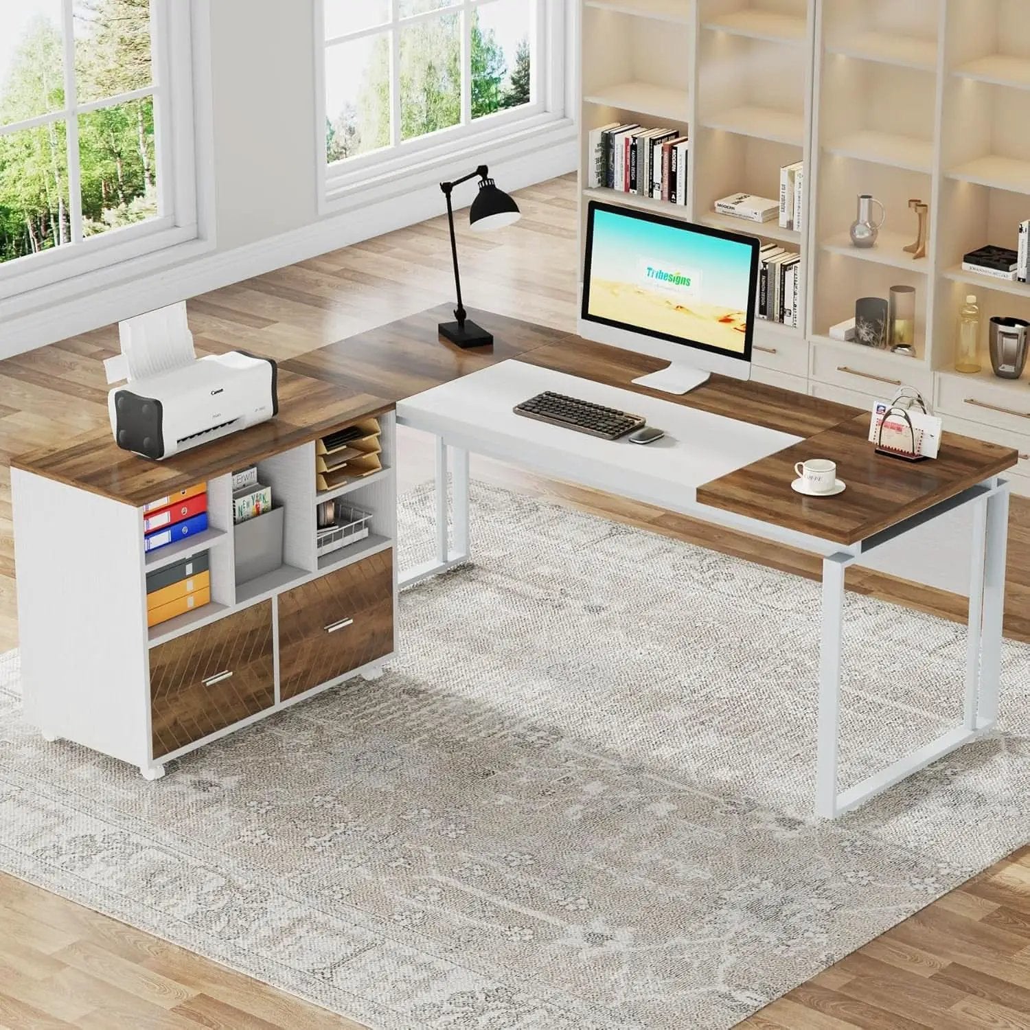 63 Inch L Shaped Desk Reversible Cabinet Natural Oak Wood Finish from PriceLows™