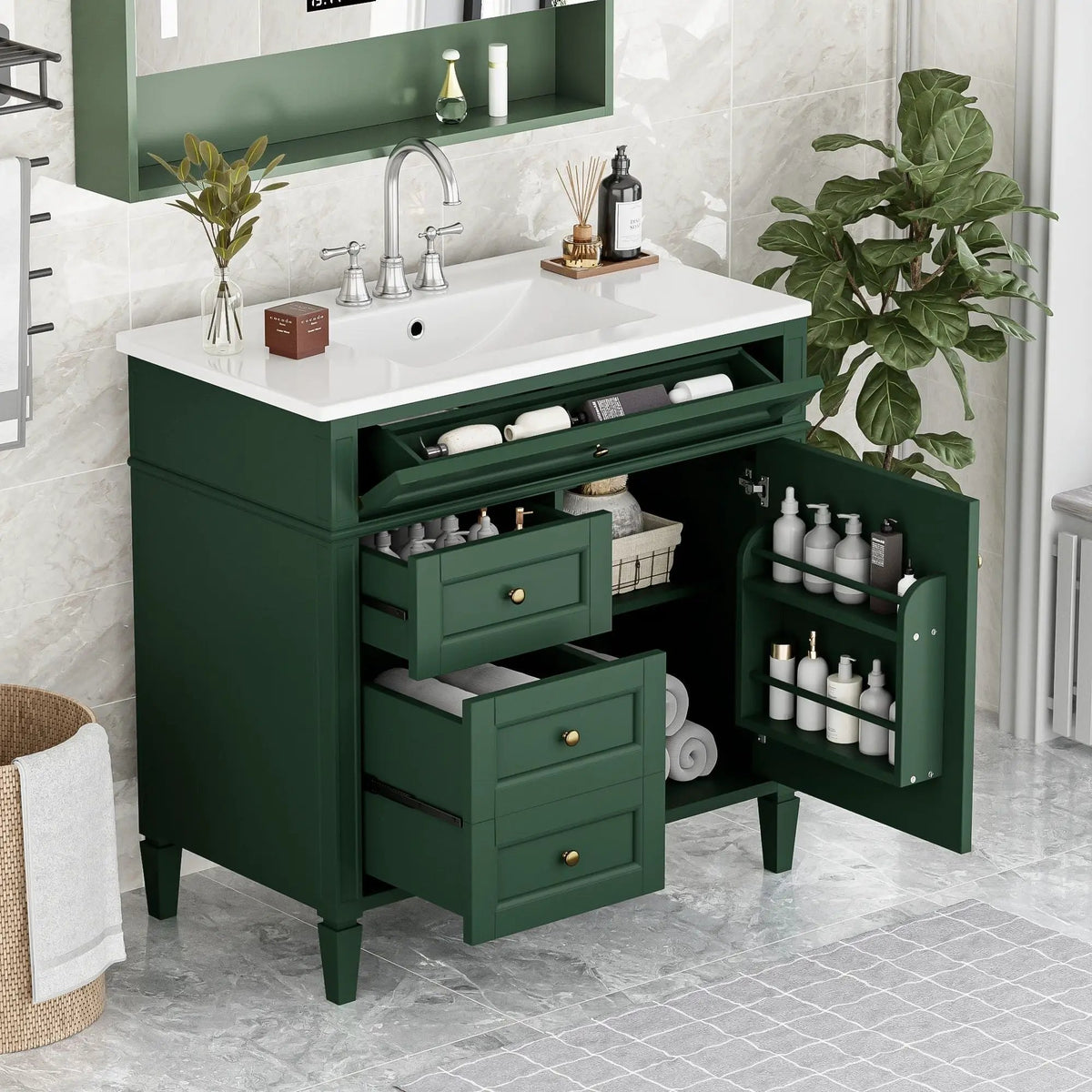 36 Inch Bathroom Vanity With Top Sink | 3 Drawers | Metal Drawer Slides | Ceramic Sink