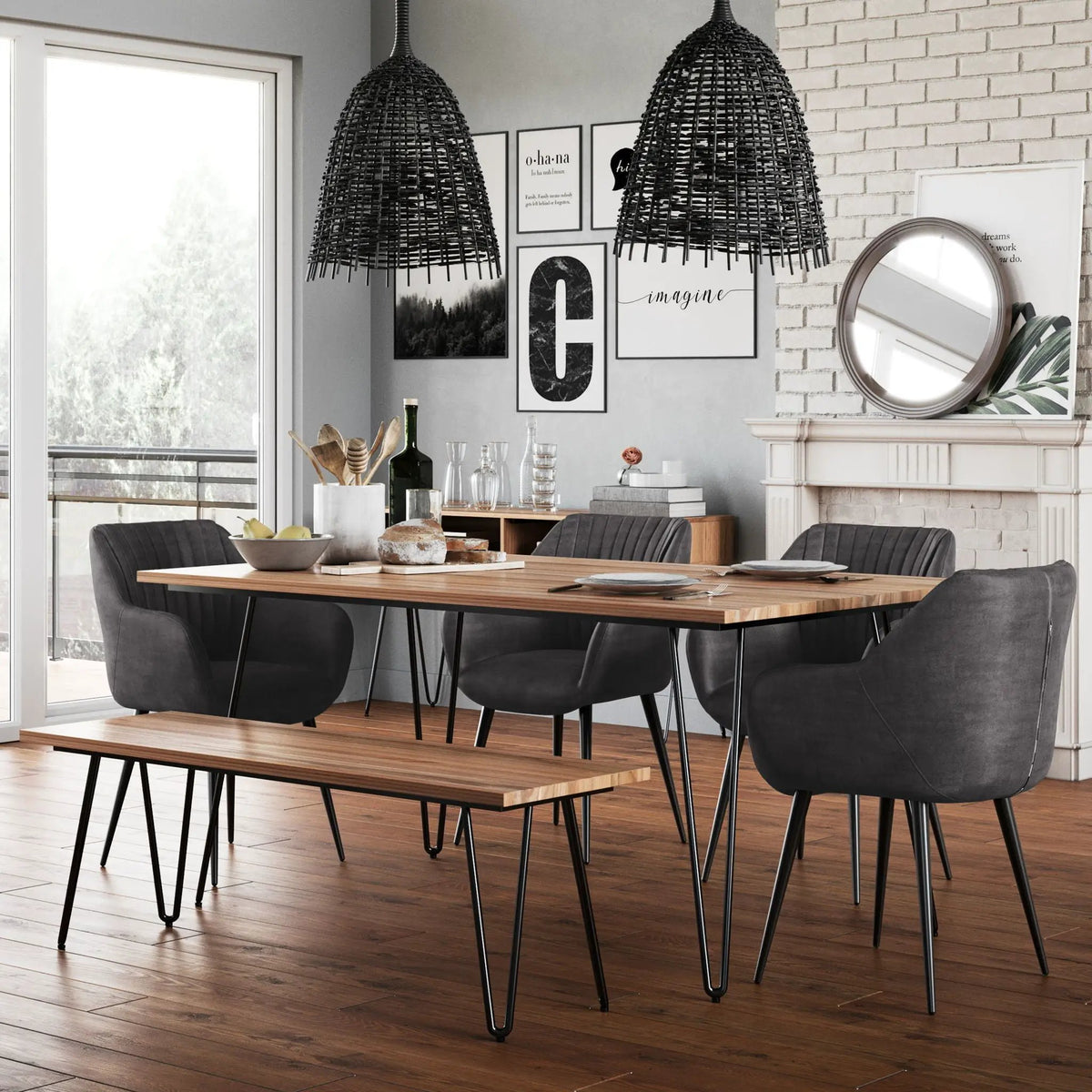 Hunter Dining Table | 66 Inch Width | Solid Mango Wood Top | Hairpin-Style Iron Base