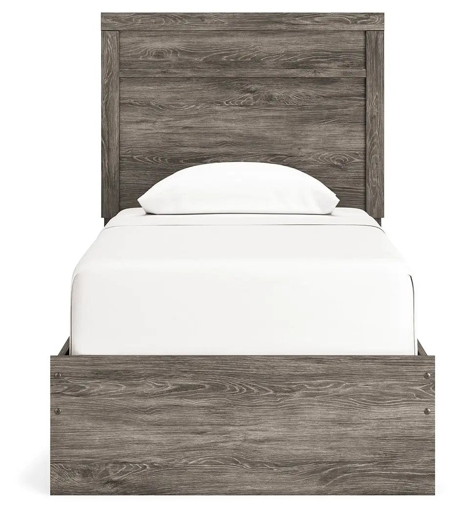 Ralinksi Panel Bed | Rustic Warm Gray Finish | Replicated Oak Grain | Pewter Handles