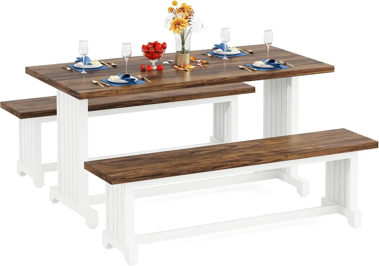 47 Inch Dining Table Set For 4 With 2 Benches Farmhouse White And Rustic Brown from PriceLows™