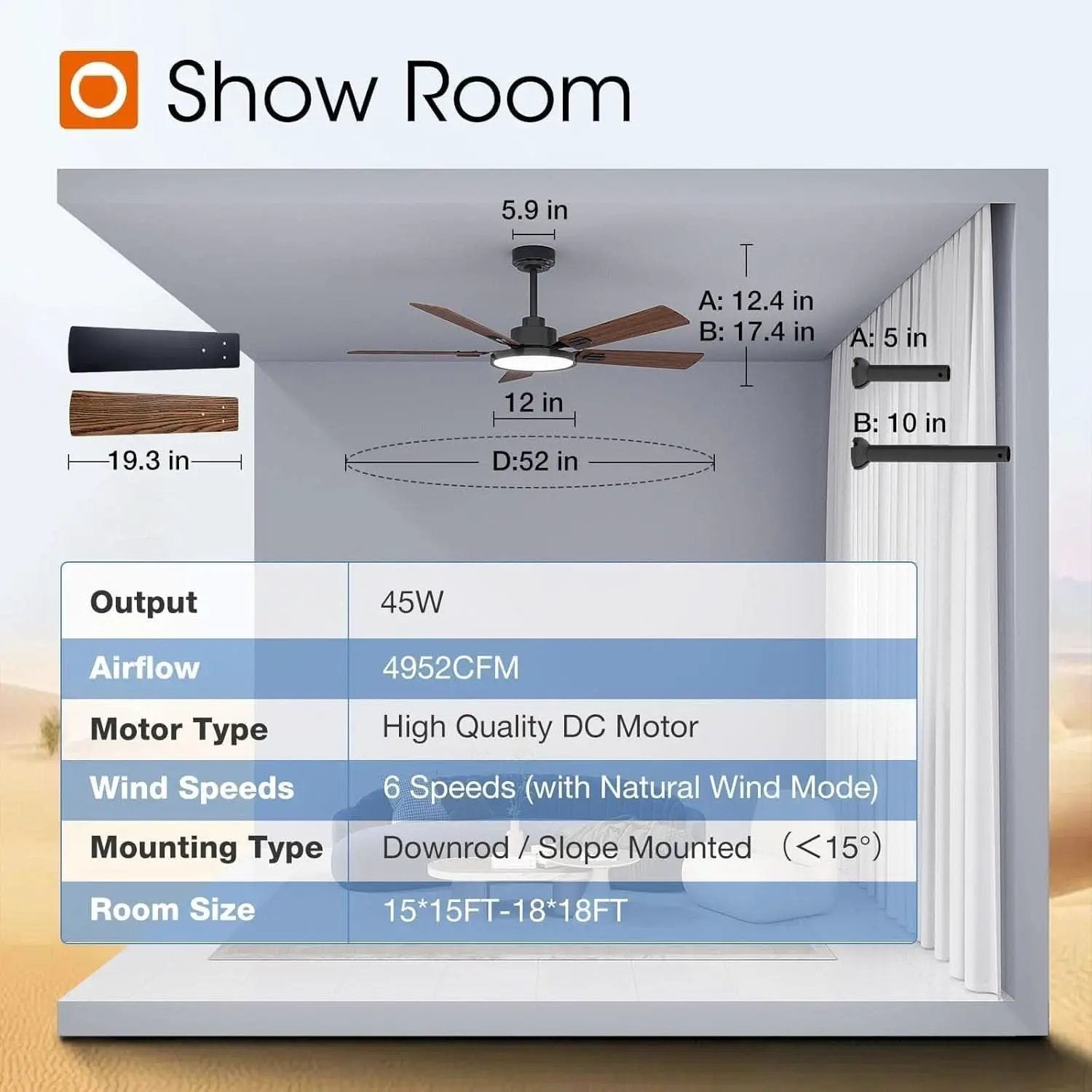 52 Inch Black Ceiling Fan With Remote Integrated Light from PriceLows™