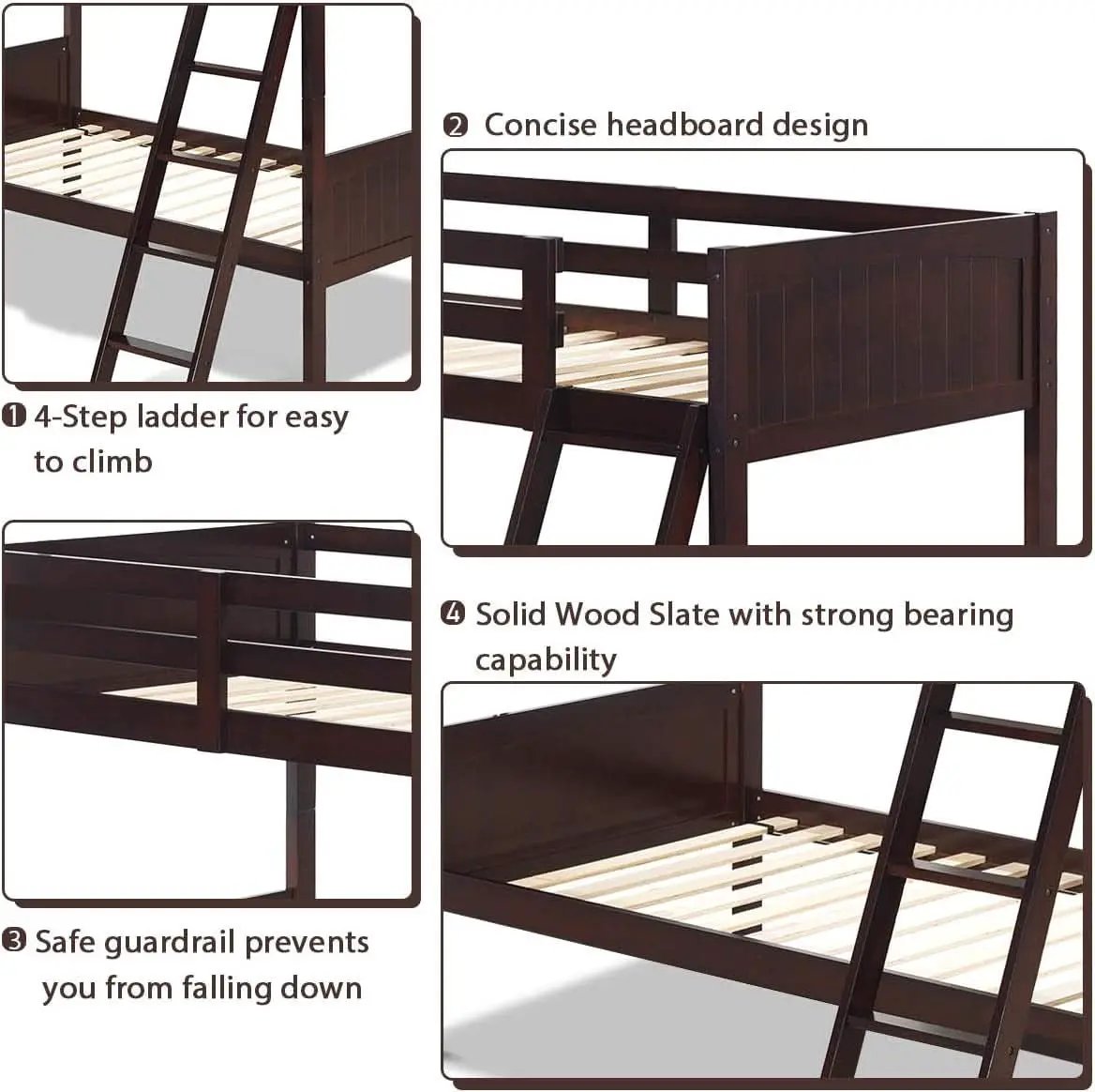 Twin Over Twin Bunk Bed Espresso With Safety Rails from PriceLows™