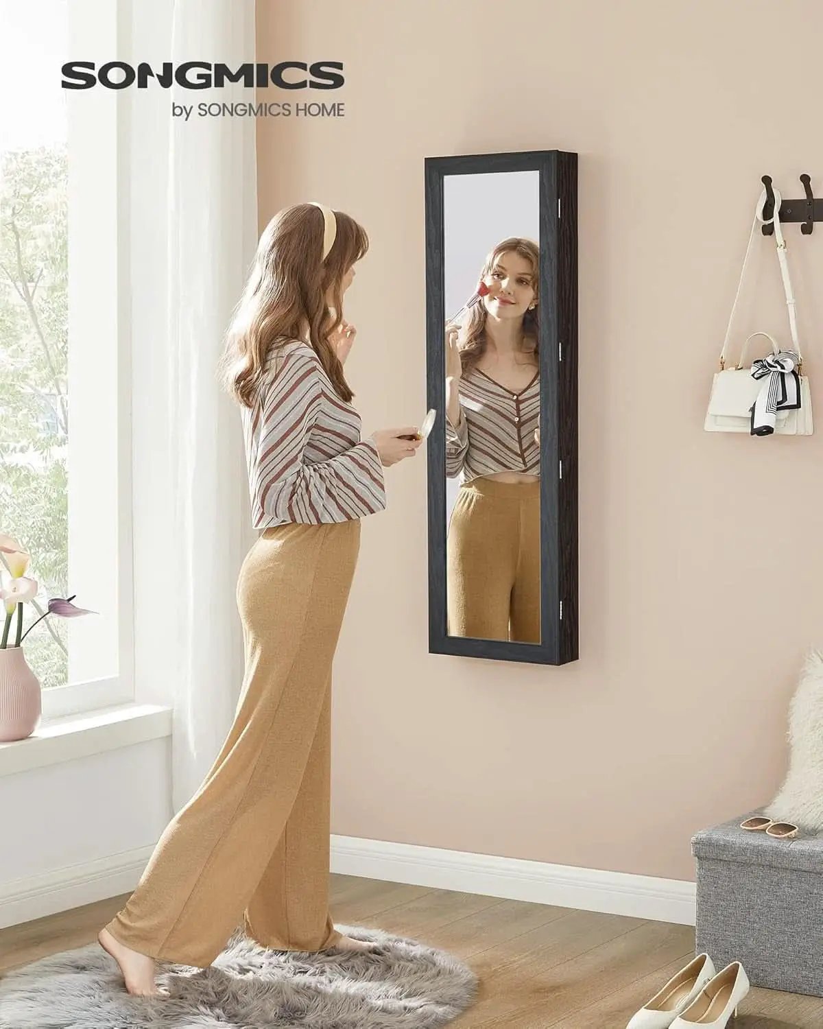 47.2 Inch Tall Black Lockable Mirror Jewelry Cabinet from PriceLows™