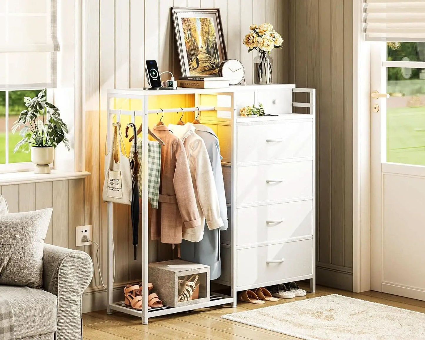 43Inch White Dresser With Hanging Rack AmbientLEDLighting from PriceLows™