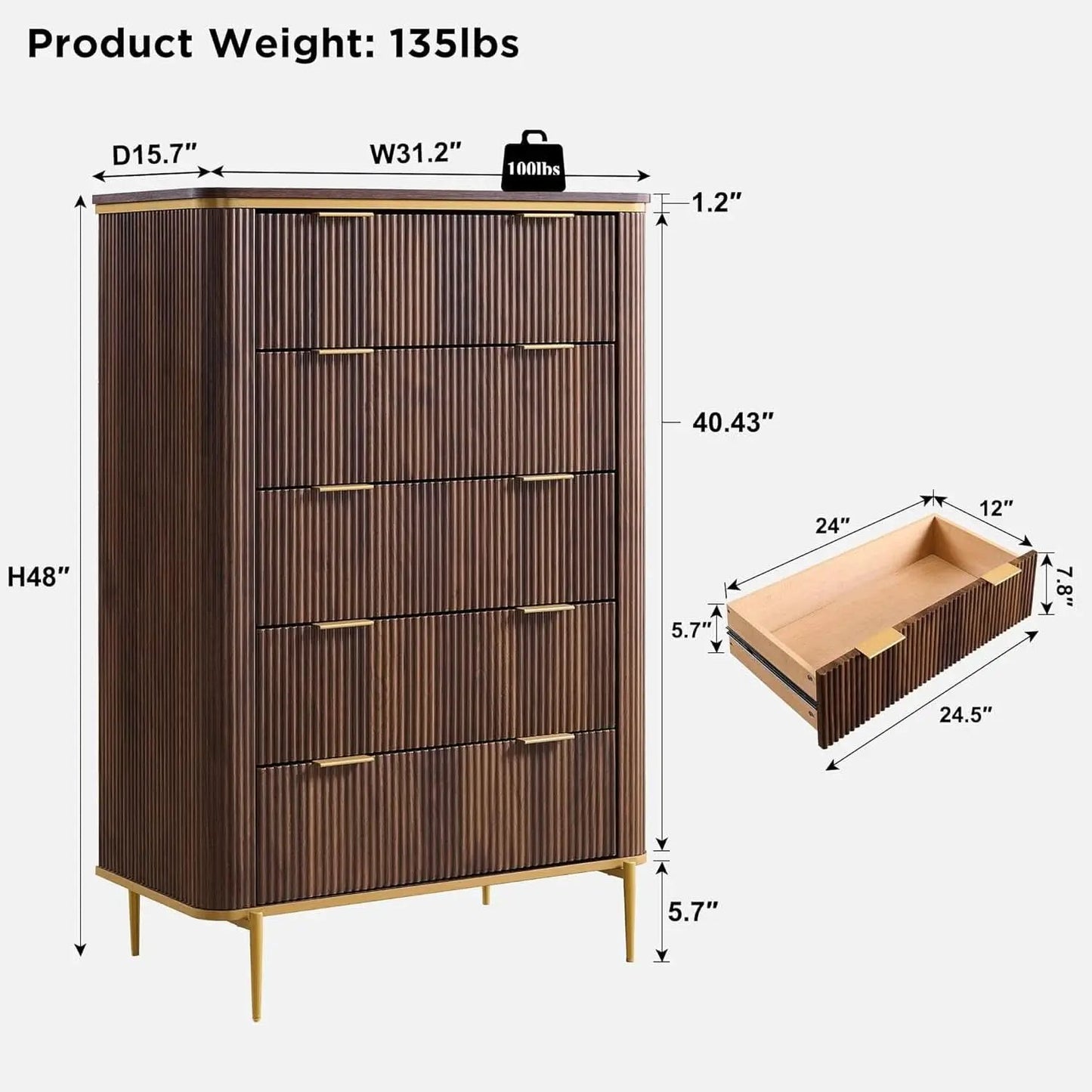 Fluted Five Drawer Dresser Contemporary Dark Walnut from PriceLows™