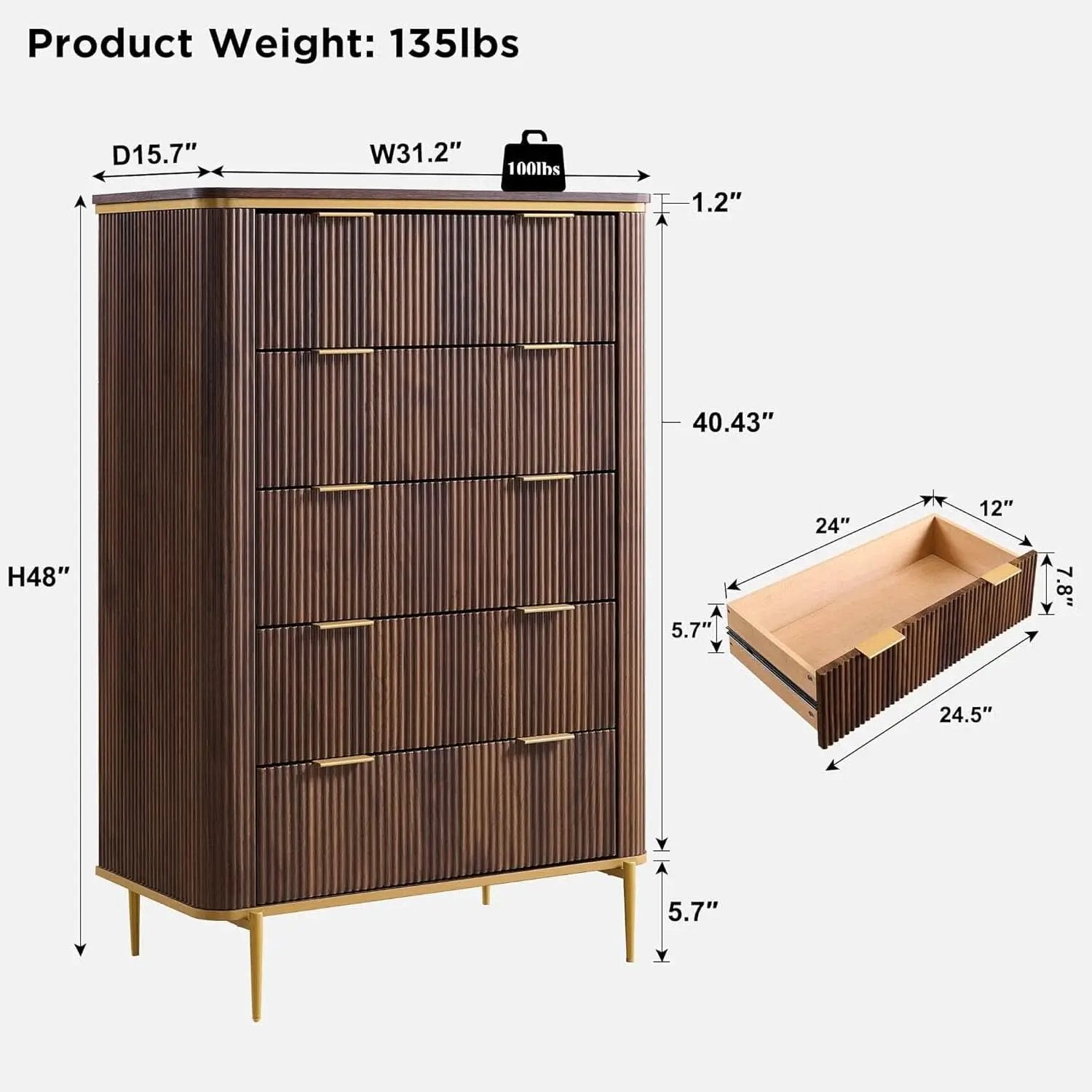 Fluted Five Drawer Dresser Contemporary Dark Walnut from PriceLows™