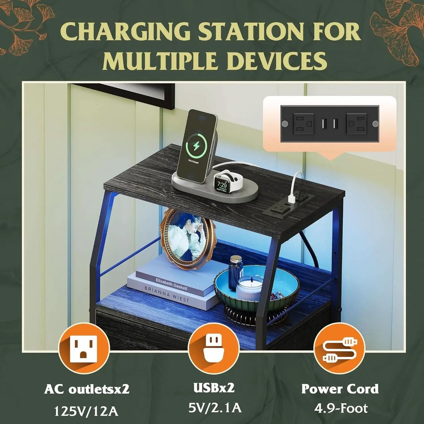 Black Nightstand With Integrated Charging Station RGB LED from PriceLows™