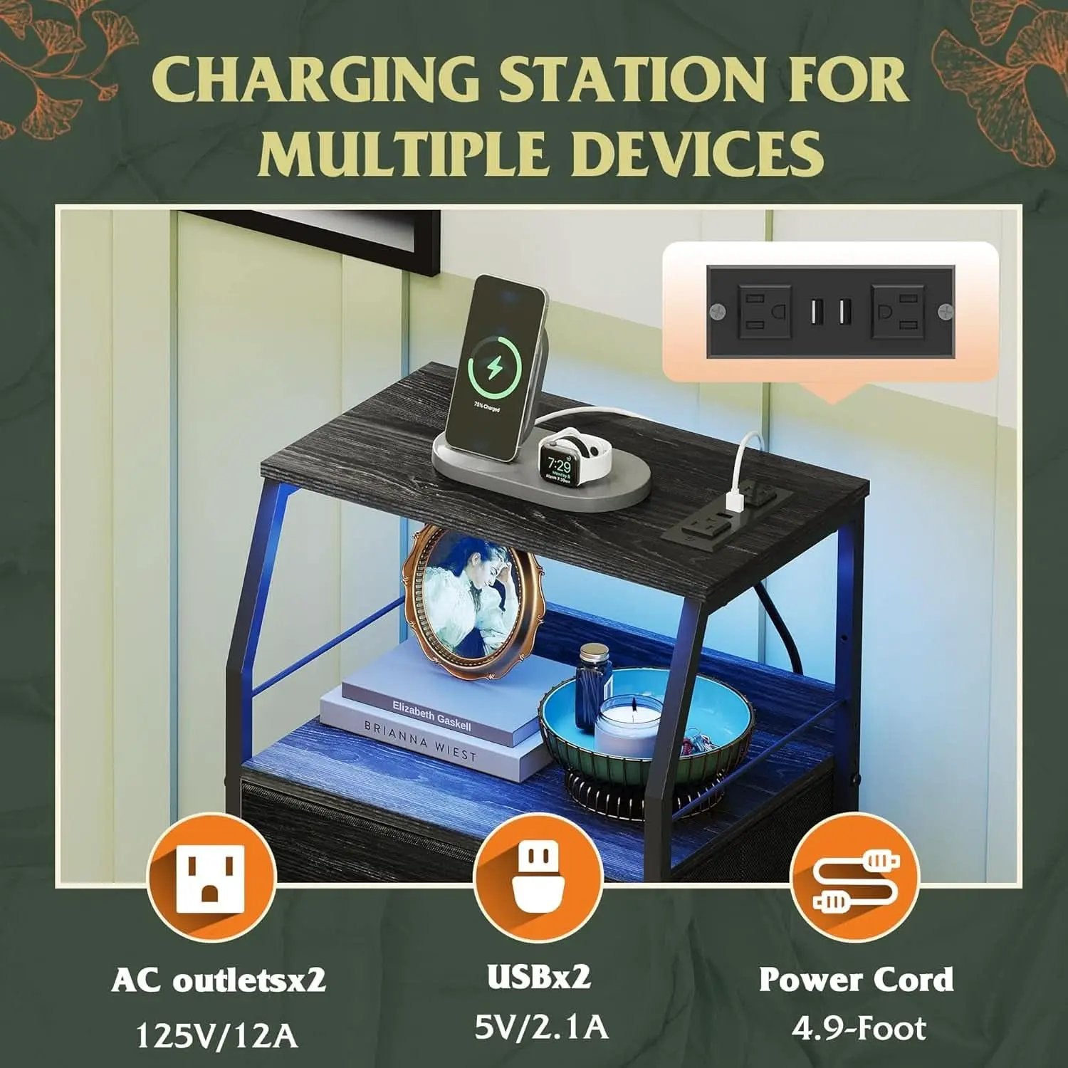 Black Nightstand With Integrated Charging Station RGB LED from PriceLows™