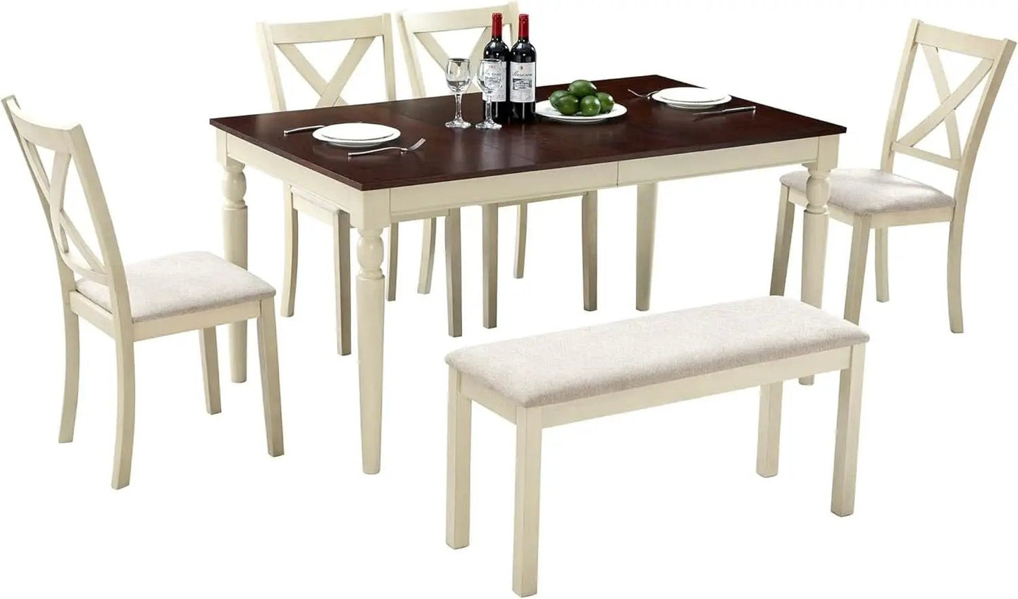 Sixty Inch Solid Wood Walnut Finish Dining Table Set Upholstered Chairs from PriceLows™