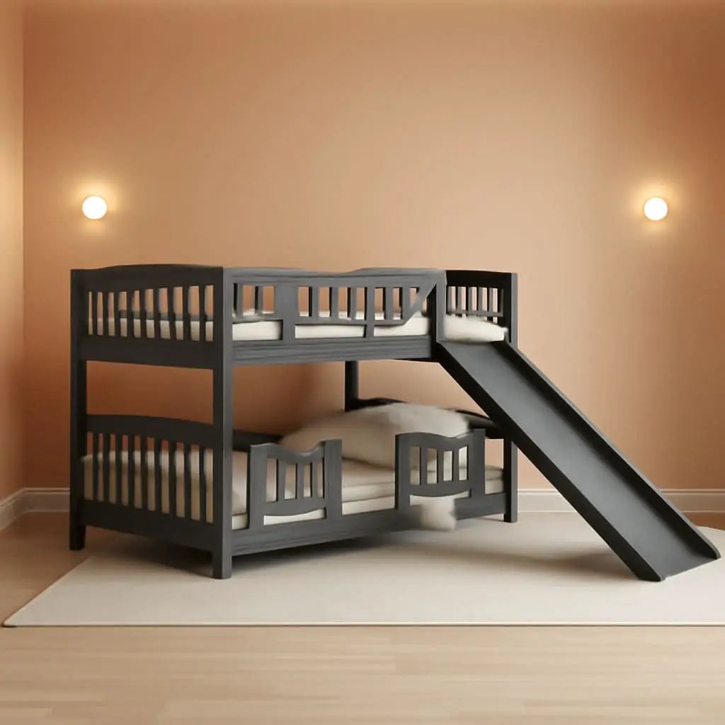 Gray Bunk Bed With Slide And Ladder For Kids Bedroom from PriceLows™