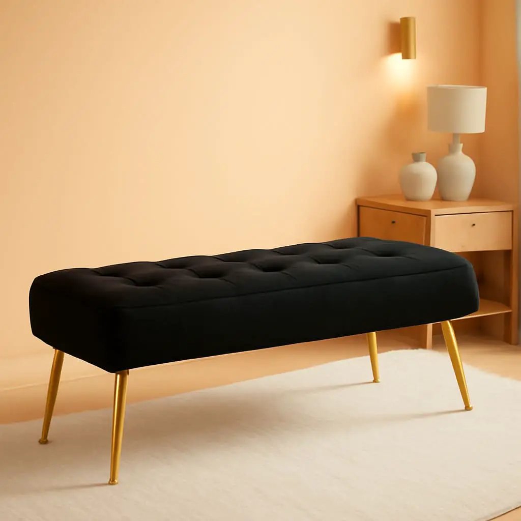 Black Velvet Upholstered Ottoman Bench Golden Legs from PriceLows™