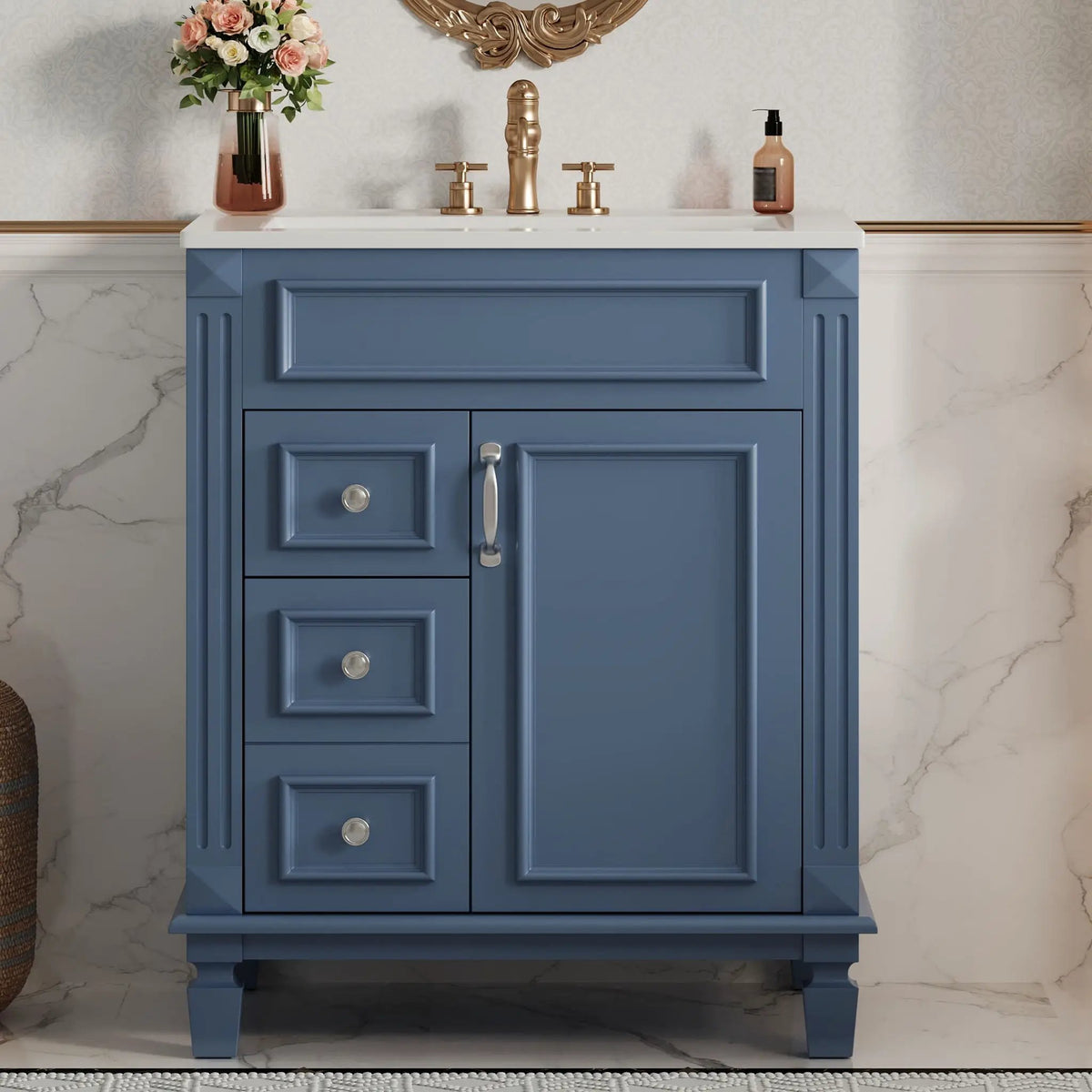 24 Inch Compact Bathroom Vanity | 2 Deep Drawers | Adjustable Shelf | Retro Button Handles
