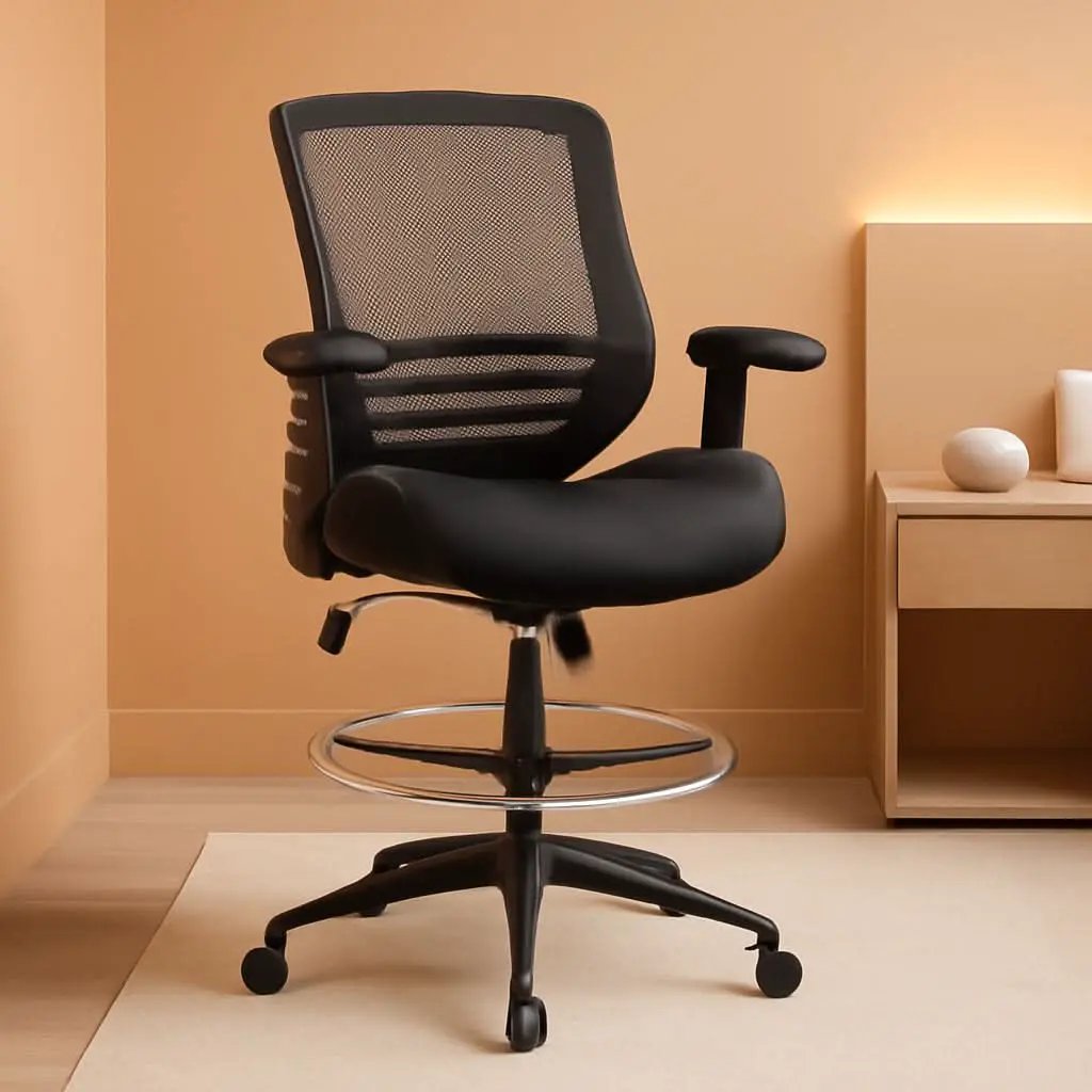Black Mesh Ergonomic Drafting Chair With Height Adjustable Armrests from PriceLows™