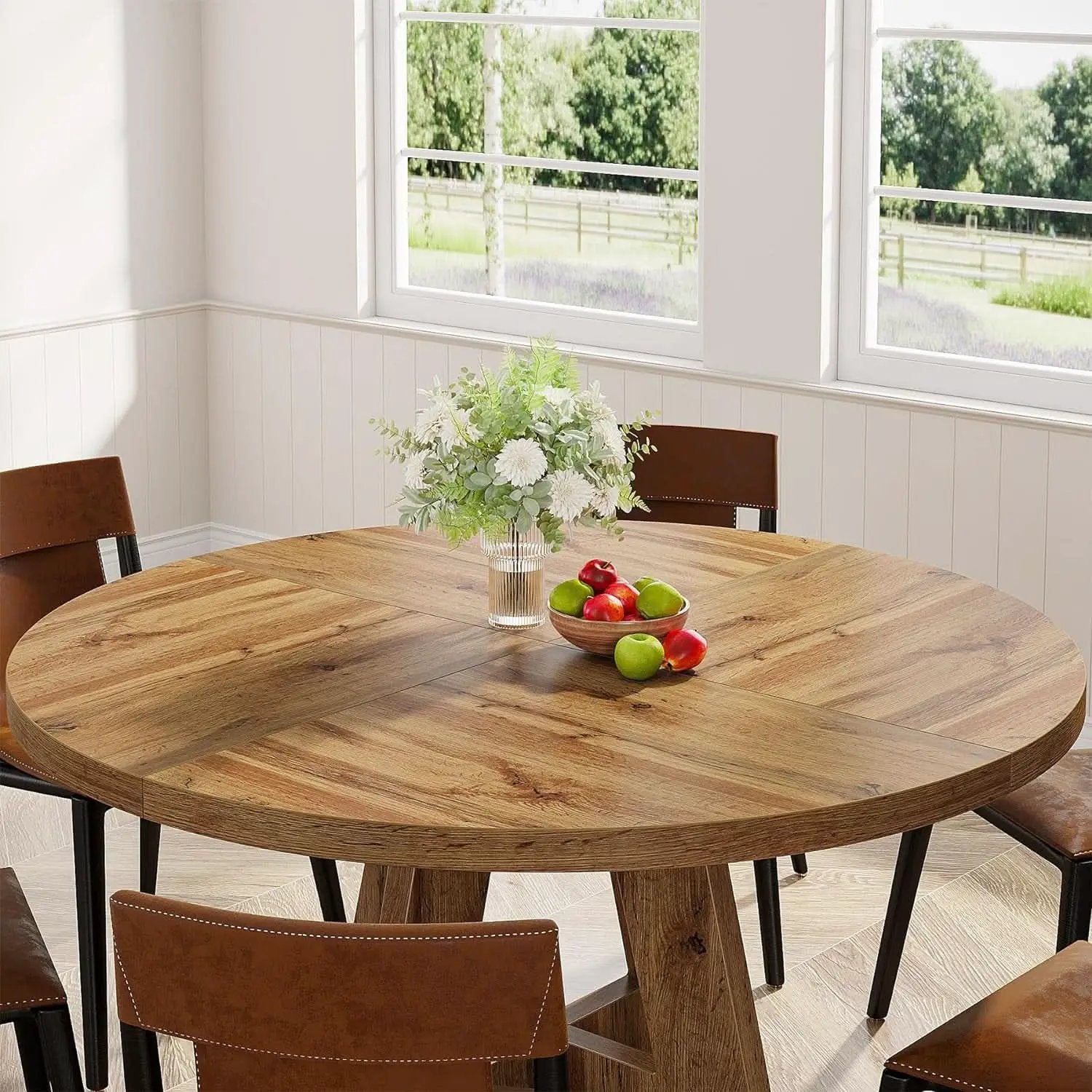 Round Dining Table Wood 47 Inch Burlywood Finish Farmhouse from PriceLows™
