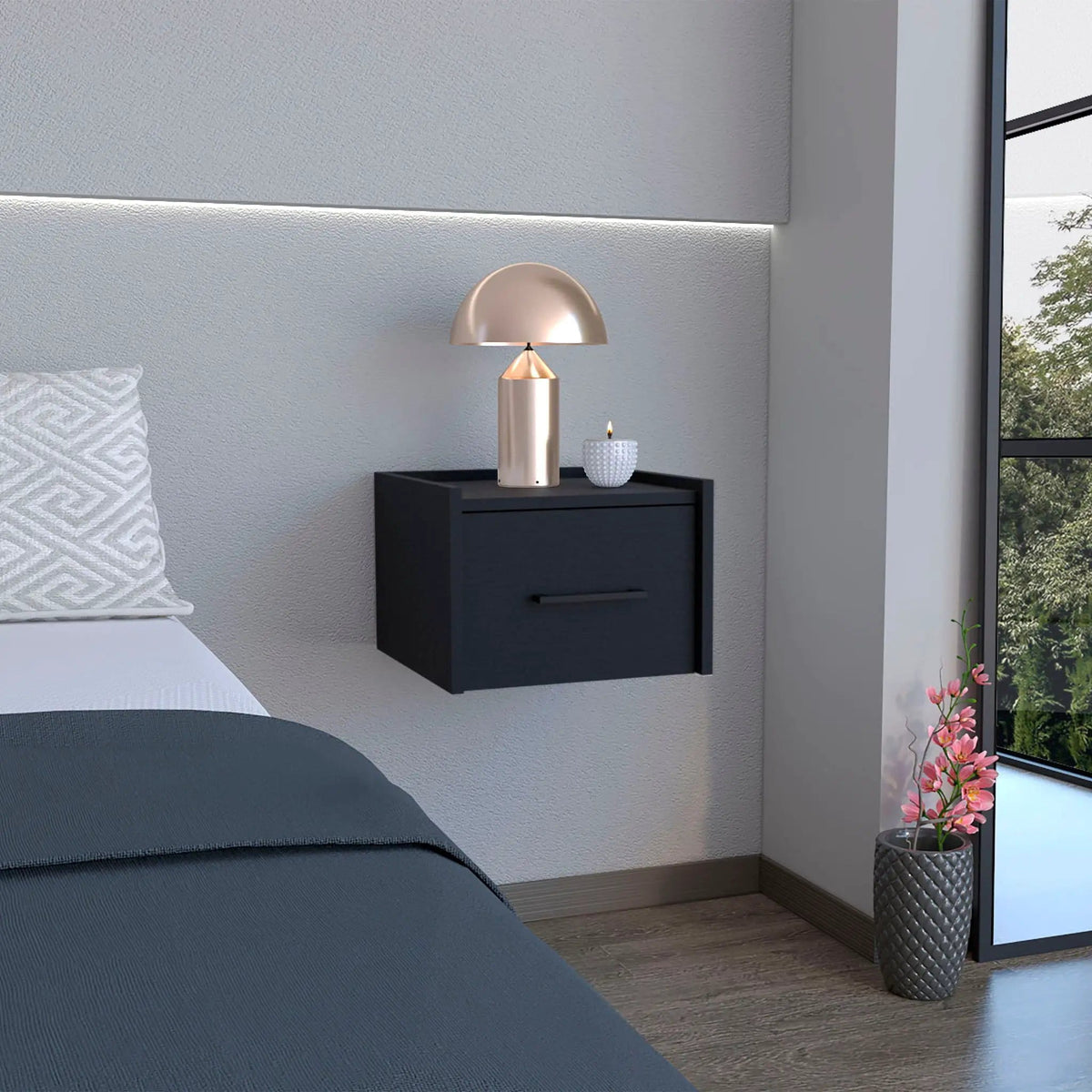 Floating Nightstand, Space Saving Design With Handy Drawer And Surface - | 13.2 x 13.8 x 9.8 in | Wood | Black