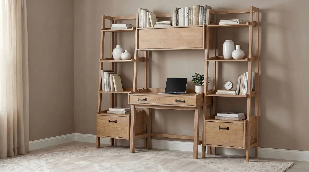 Fabian 4-piece Computer Desk and Bookshelf Set Distressed Light | 4-Piece Set | Rubberwood & Engineered Wood | Brown