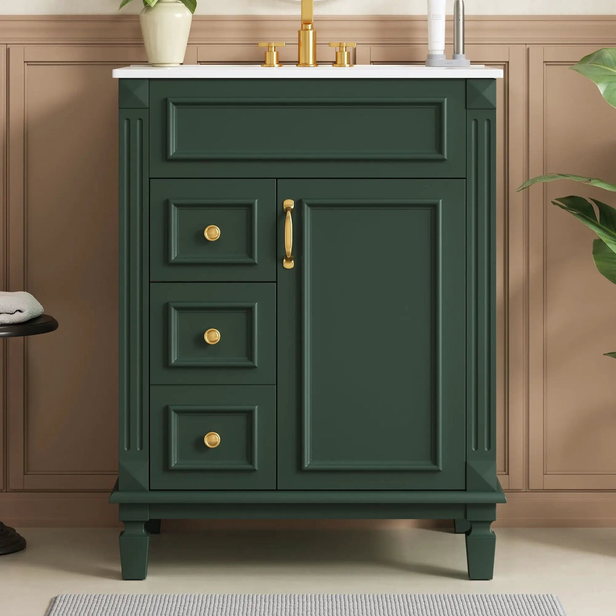 24 Inch Compact Bathroom Vanity | 2 Deep Drawers | Adjustable Shelf | Retro Button Handles