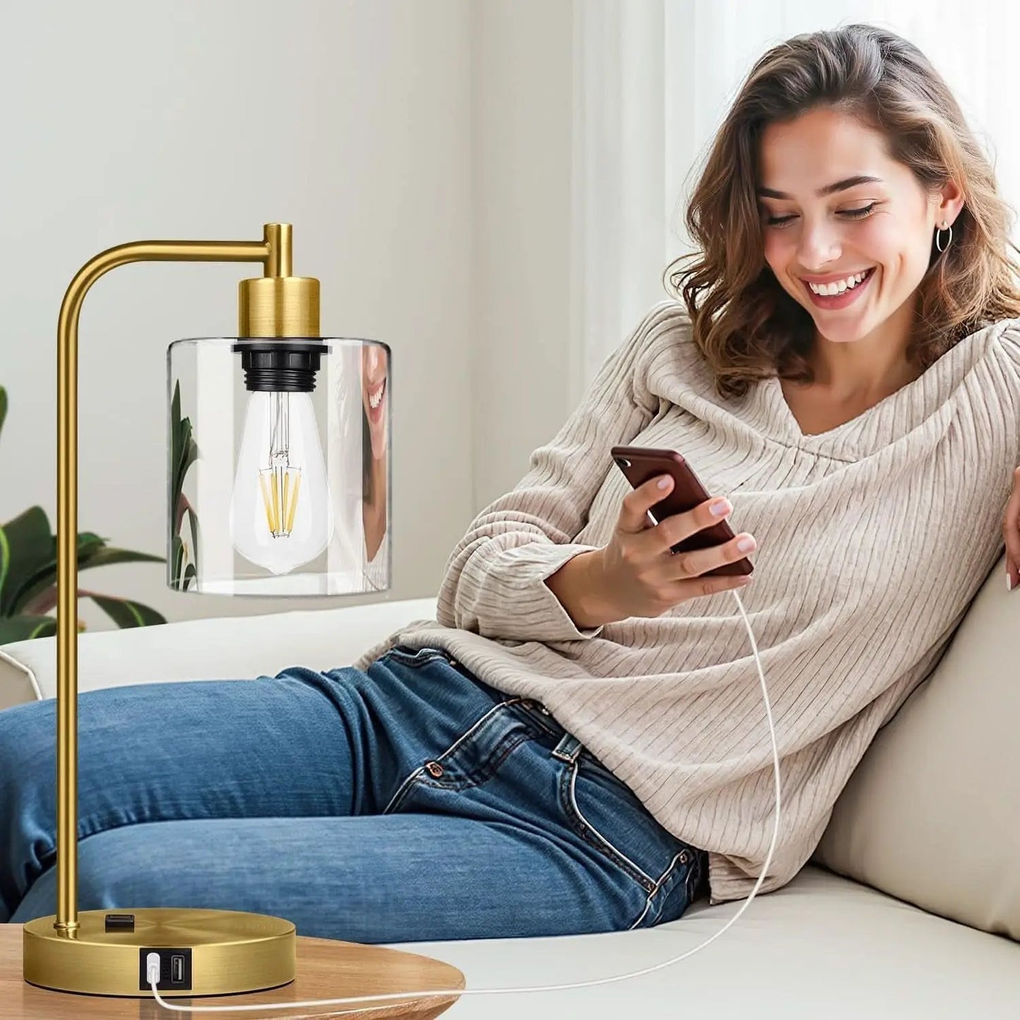 Industrial Touch Table Lamps Set Of 2 With USB Ports And AC Outlet Brass from PriceLows™