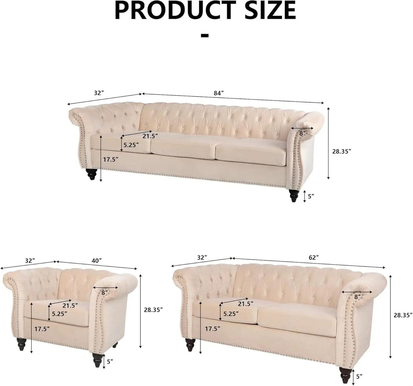 Three Piece Velvet Chesterfield Living Room Sofa Set Beige With Club Chair And Loveseat from PriceLows™