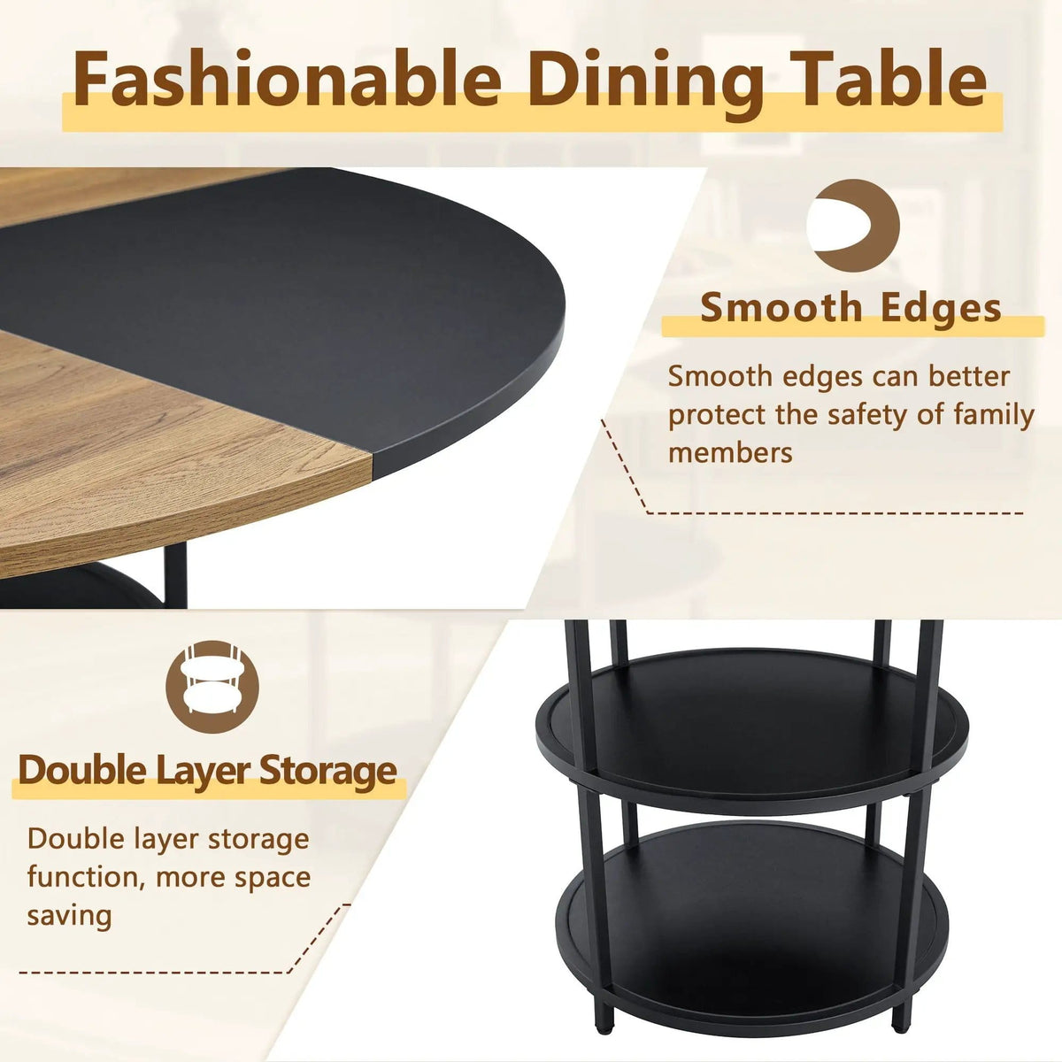 Diameter Modern Splicing Circular Dining Table Double Layer Storage | 47.3 x 47.3 x 29.7 in | Metal & Mdf | Wood / Black