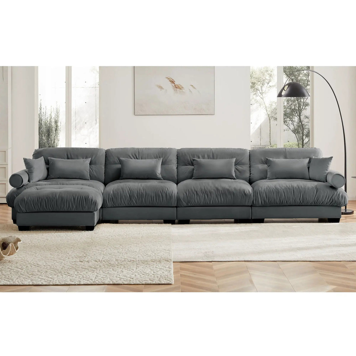 Modular Sectional Sofa | Deep Comfort Cushions | Vintage Fabric Ottoman
