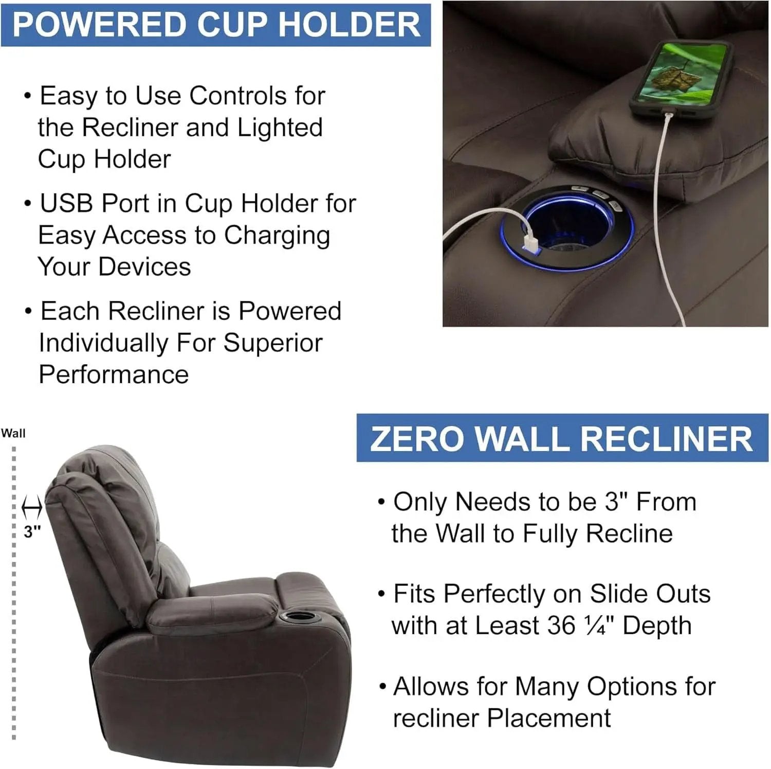 Powered Wall Hugger RV Recliner Sofa Loveseat 67In Chestnut from PriceLows™