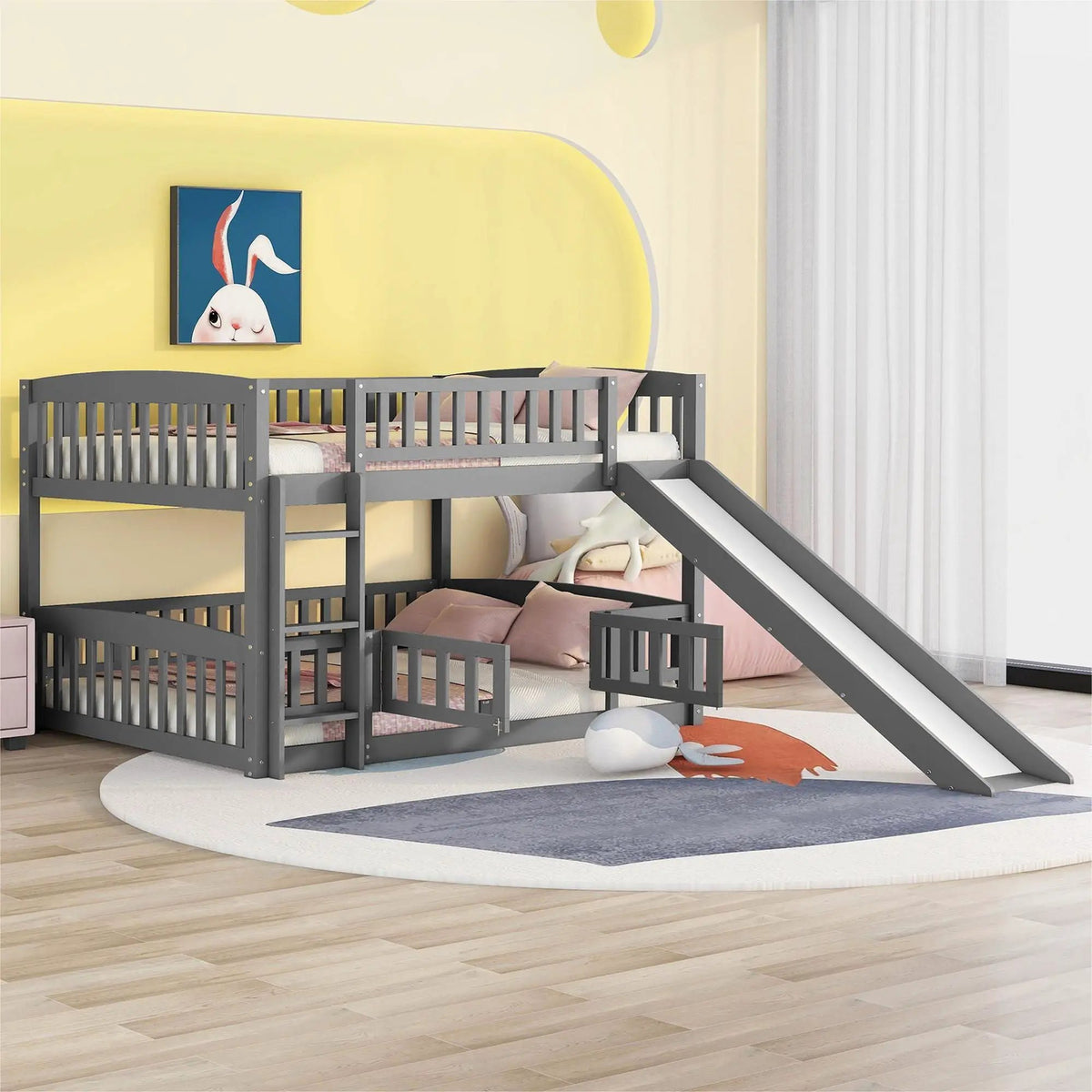 Low Bunk Bed With Slide | Fence And Ladder | Built-In Play Area | Kids Bedroom