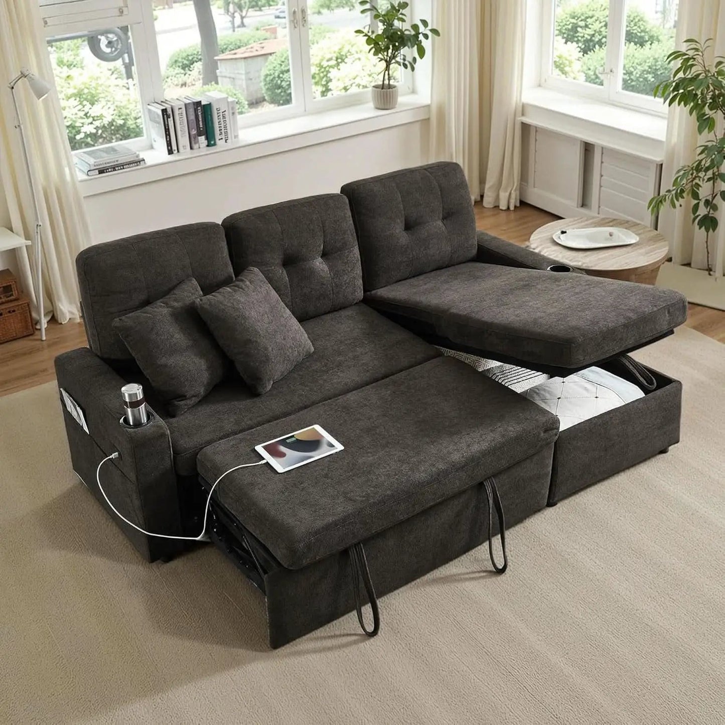 Dark Grey Microfiber Reversible Sectional Sofa Bed With USB from PriceLows™