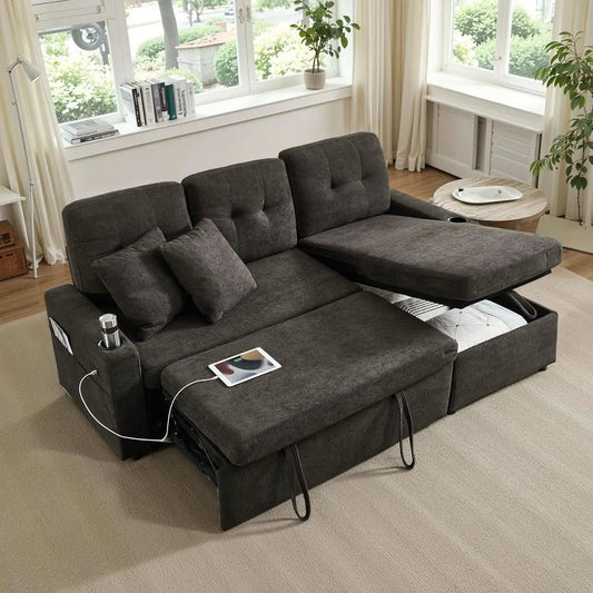 Dark Grey Microfiber Reversible Sectional Sofa Bed With USB from PriceLows™
