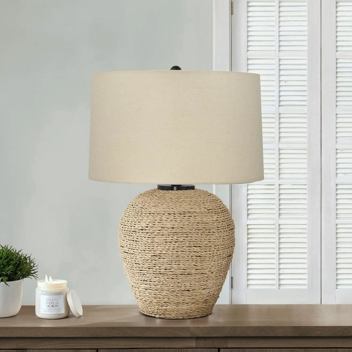 Lighting, Table Lamp, Rattan, Resin, Transitional - | 18 x 18 x 25 in | Linen & Rattan | Beige