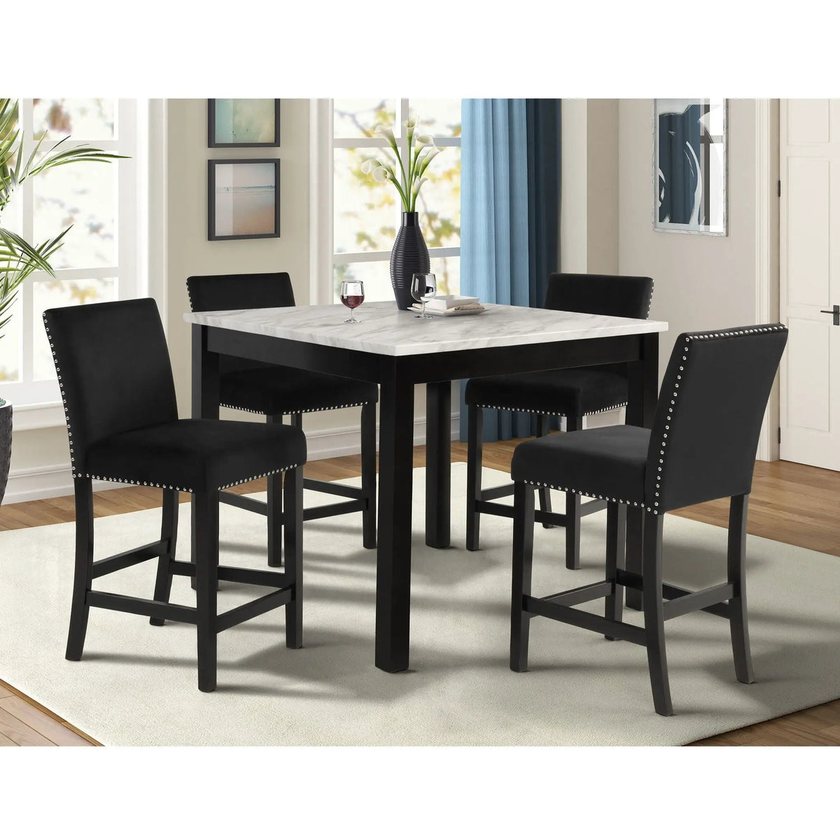 Counter Height Dining Set | 5-Piece Modern Design | Tufted Nail Head Chairs | Wipe-Clean Table Top