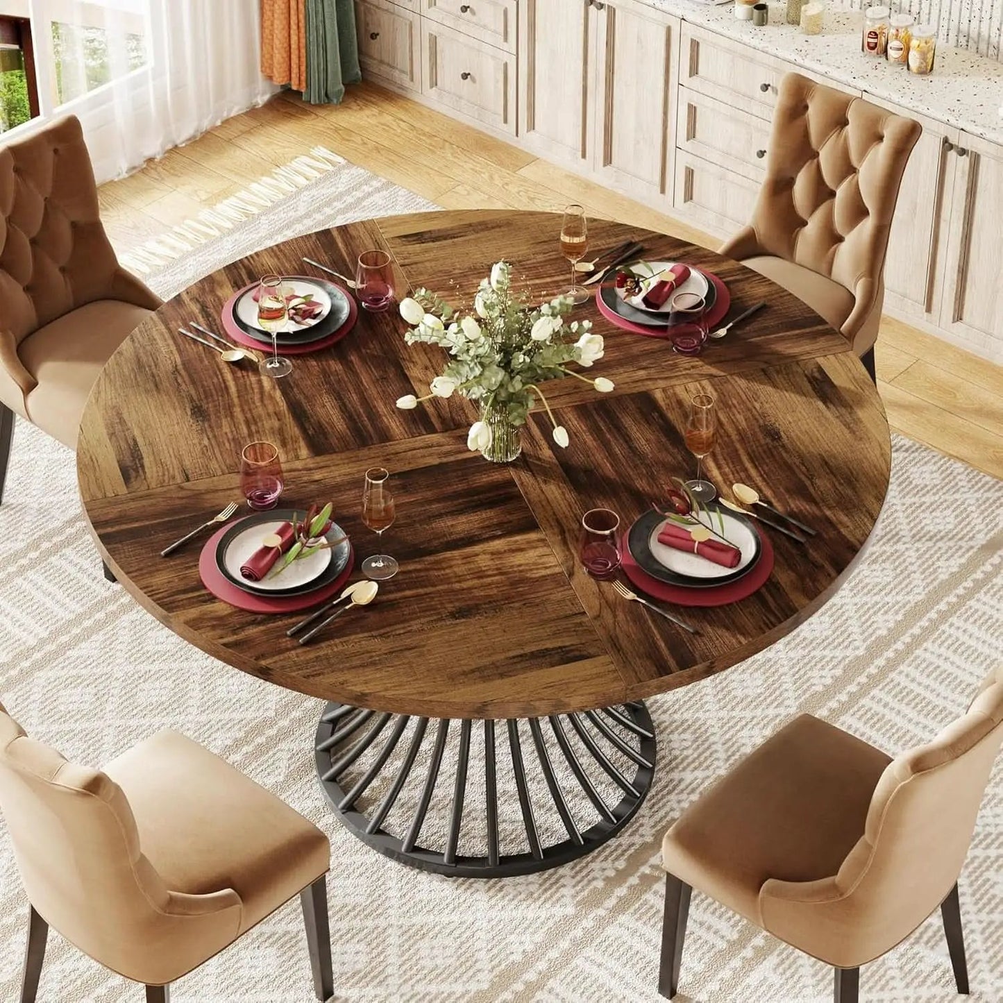 Round Dining Table 47 Inch Metal Base For Kitchen And Dining from PriceLows™