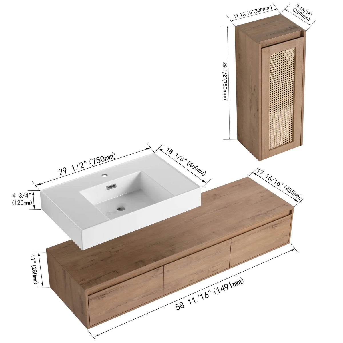 Modern Imitative Wall Mounted Bathroom Vanity With Resin Sink And Side Cabinet | 2 Pieces | Plywood & Resin | Bathroom