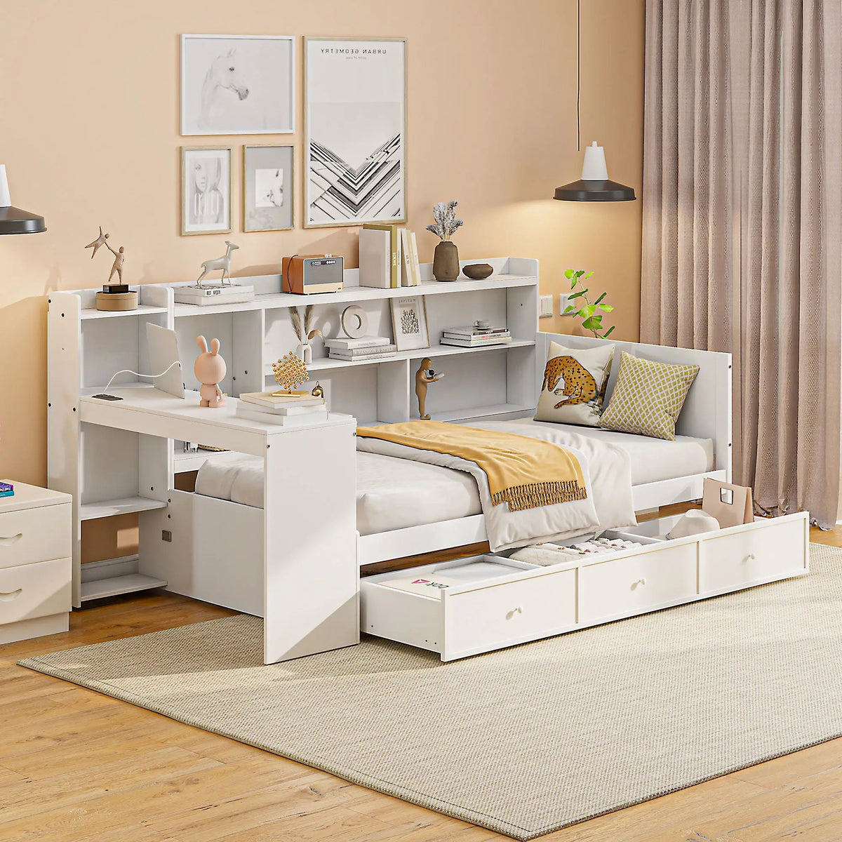 Pine Wood Daybed | 3 Drawers | USB Ports | Built-In Desk