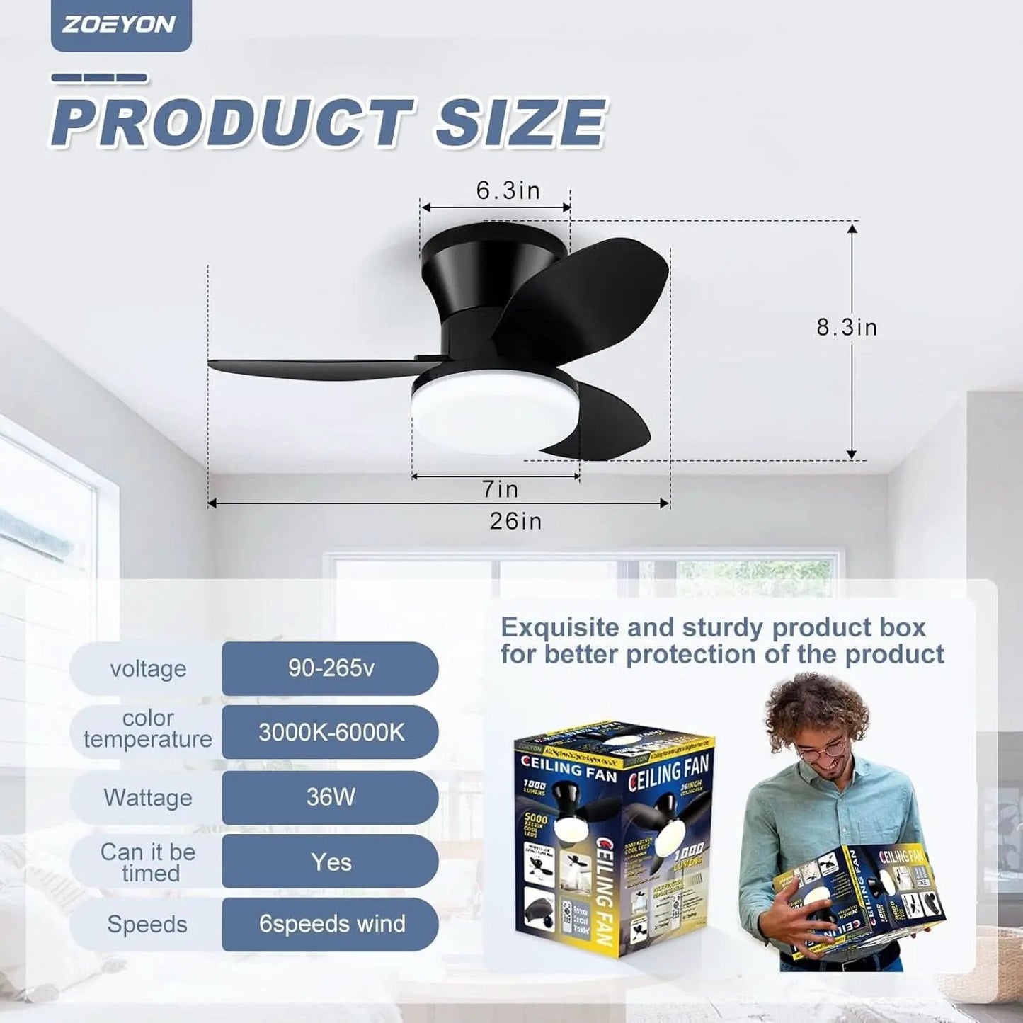 Black 26 Inch Flush Mount Ceiling Fan With Remote Control from PriceLows™