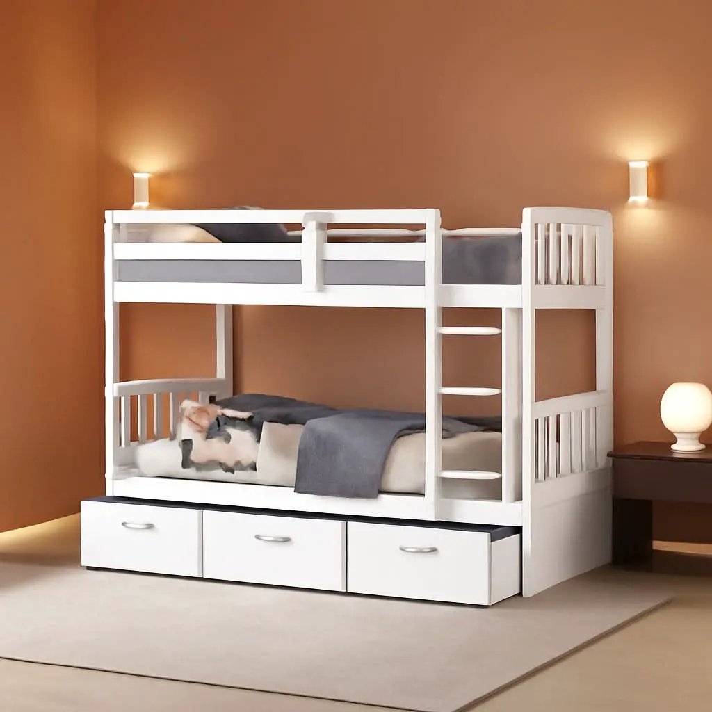 Twin Over Twin Bunk Bed With Trundle And Drawers White from PriceLows™
