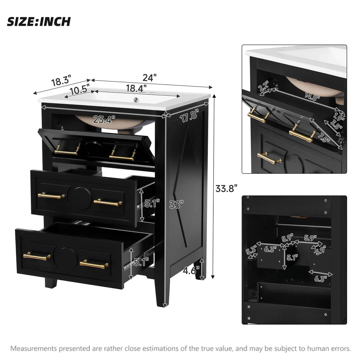 Bathroom Vanity With Sink, Free Standing Single Set, 3 Drawer Storage Cabinet | 2 Pieces | Solid Wood & Ceramic | Bathroom