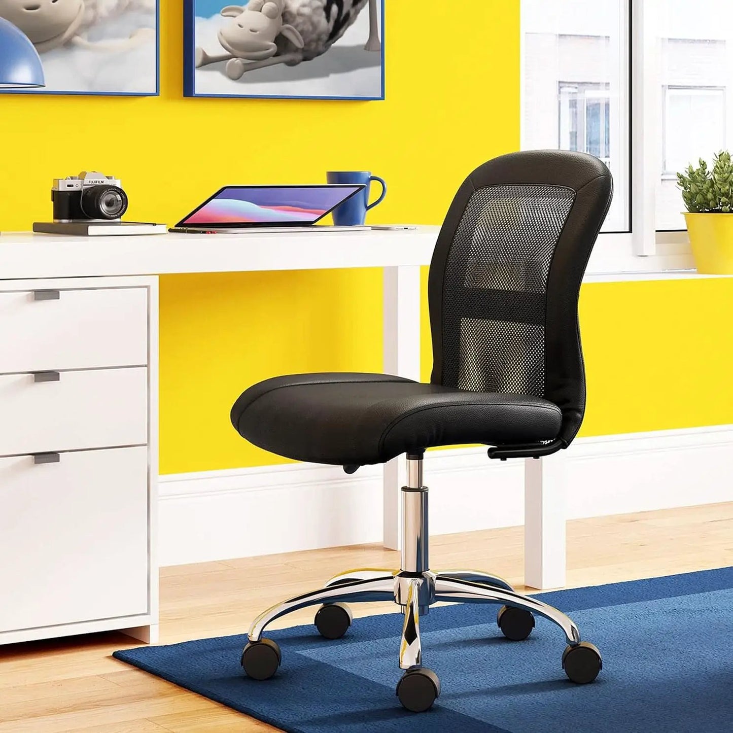 Armless Desk Chair With Mesh Back And Wheels Black from PriceLows™