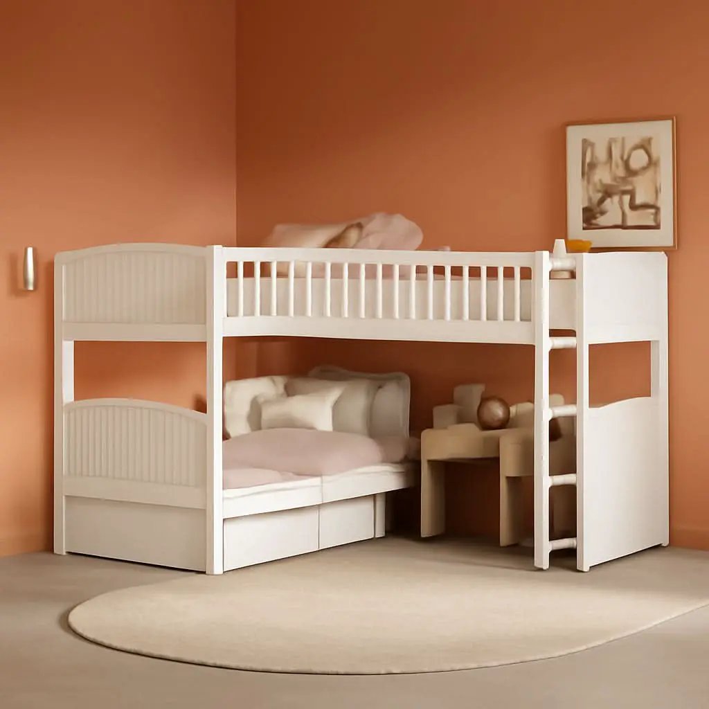 L Shaped Solid Wood Bunk Bed White Twin Over Twin Over Twin With 2 Drawers from PriceLows™