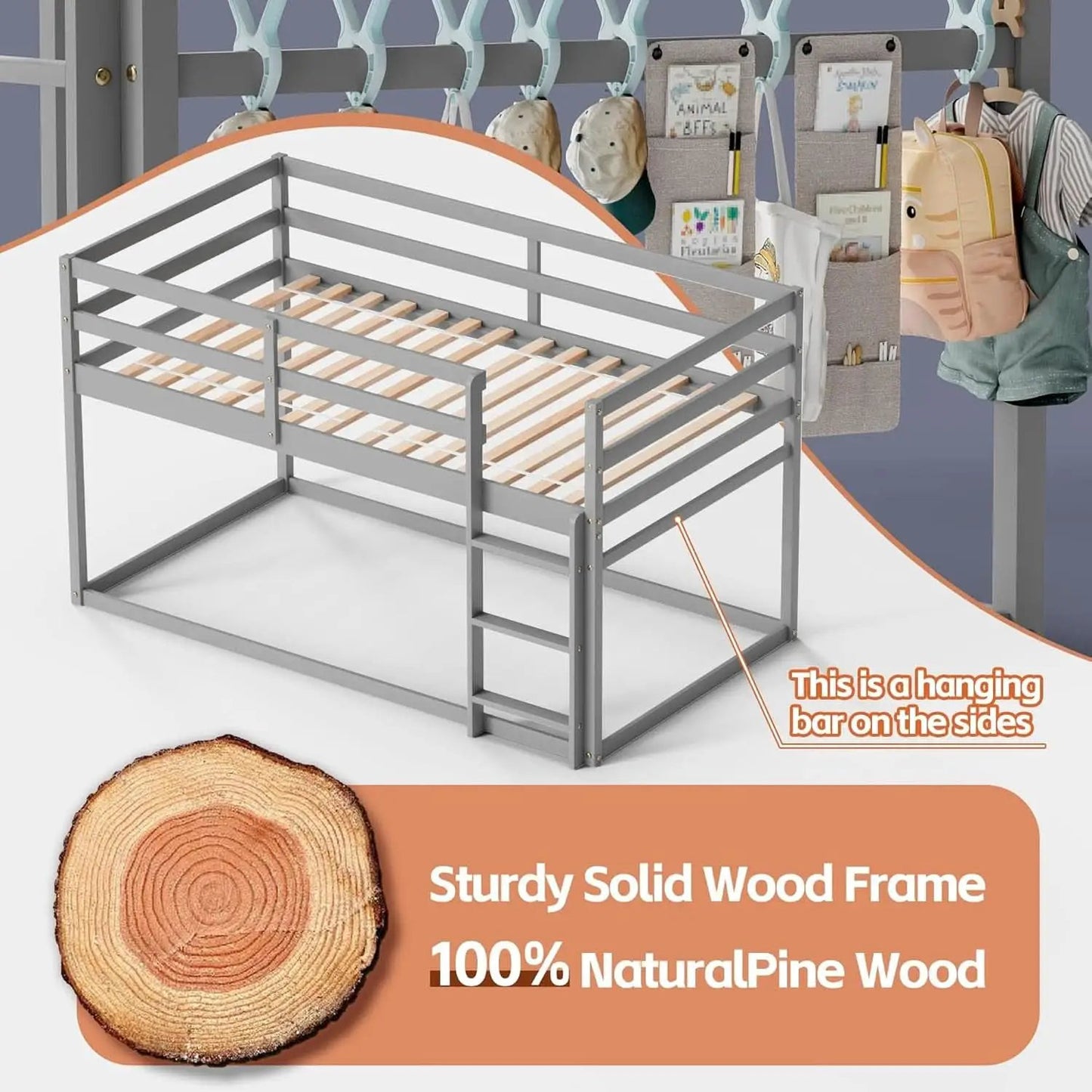 Grey Low Bunk Bed Twin Over Twin With Ladder For Kids Room from PriceLows™